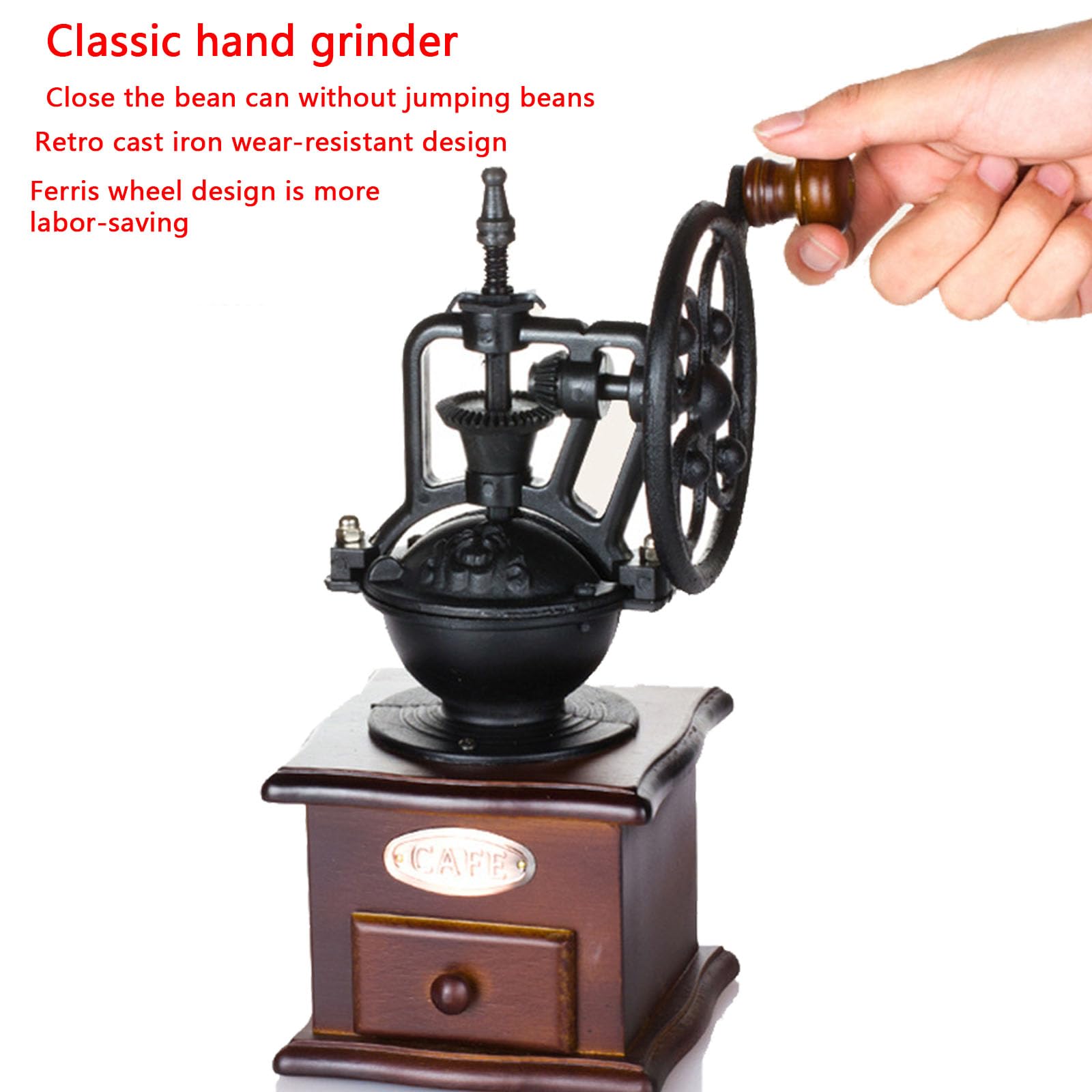 Molinillo de café manual, molinillos de café de manivela de mano estilo vintage, molinillo de café clásico, molinillo de frijoles, molinillo de grano de rodillo, manivela de mano de hierro fundido,