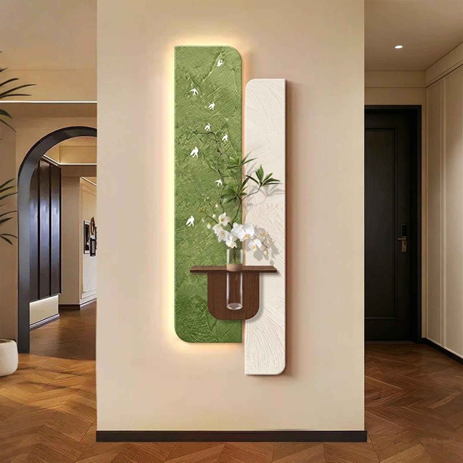 SYXHJTFZ Modern 3D Sandstone Textured Wall Art with LED Lights, Borderless Featuring Artificial Plants Vase for Entryway Hallway Home Decor(A,50 * 150cm/19.7 * 59.1in)