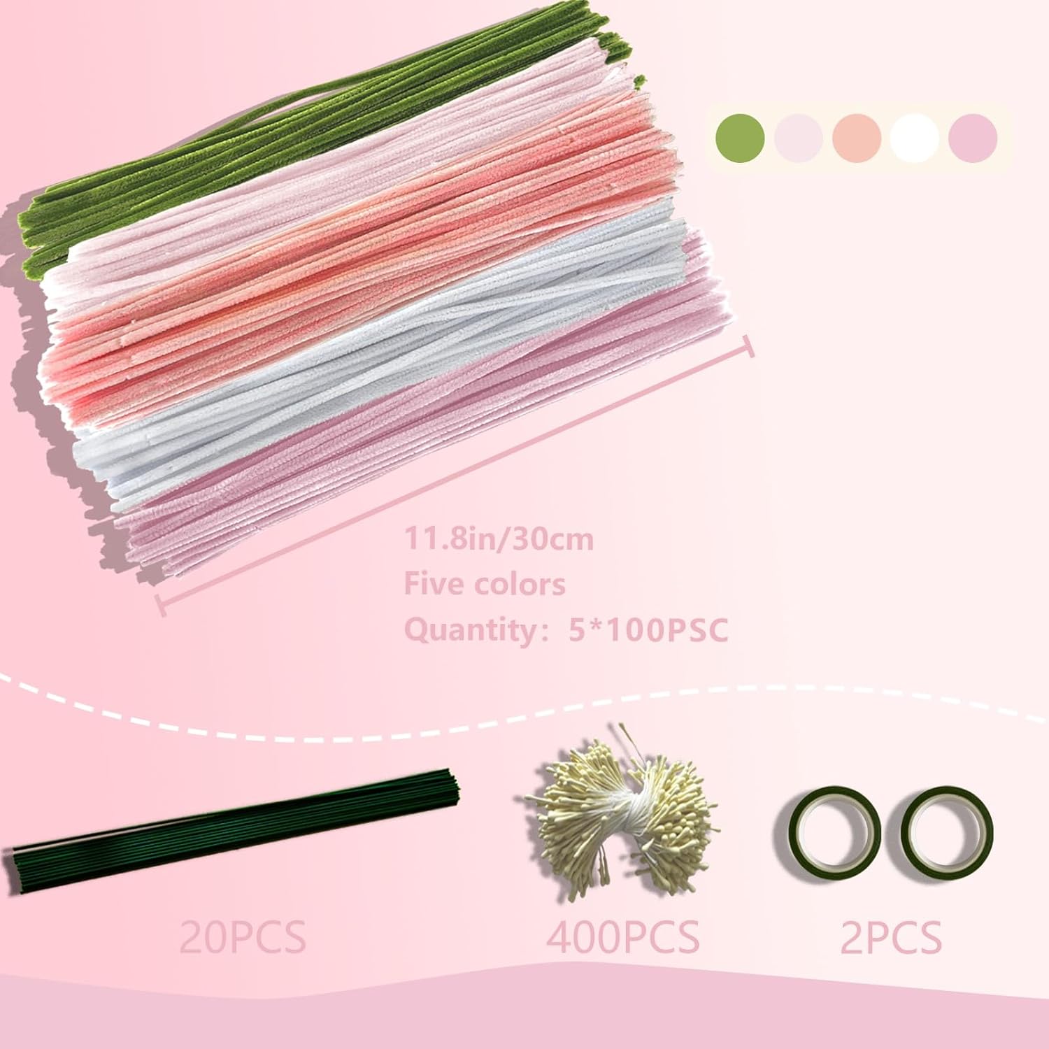 922 Pcs Pipe Cleaners Craft for Flowers, 5 Assorted Colors Pipe Cleaners Bulk for Arts and Crafts Supplies, Pastel Chenille Stems for DIY Art Making Kits, Bulk Fuzzy Gardening Tape Ribbon