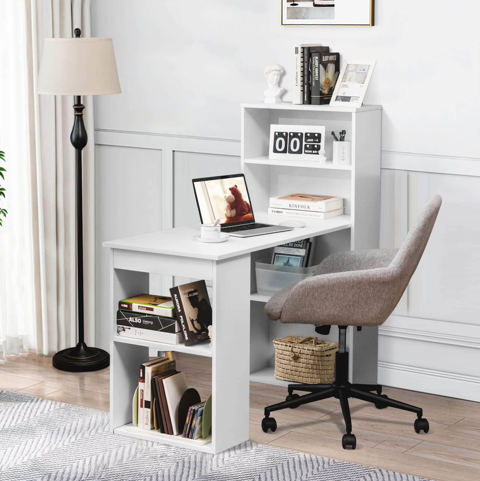 GRAFFY Computer Desk with 6 Storage Shelves - 48" Reversible Writing Desk Workstation with Bookshelf and CPU Stand, Modern Compact Office Desk for