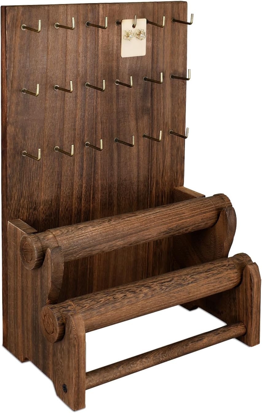 Ikee Design 18 Hooks and 2 Removable Bars Wood Jewelry Holder Organizer Stand, Earring Bracelet Jewelry Display Stand Organizer, Necklace Bracelet Holder, Brown Color