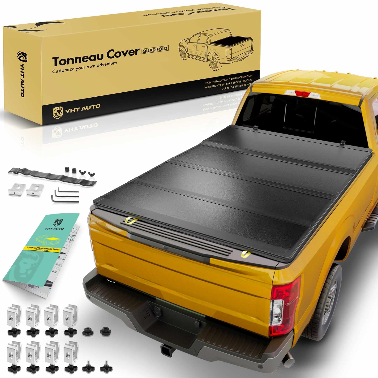 YHTAUTO Hard Quad Fold Truck Bed Tonneau Cover w/Auto Locking Function Compatible with 2017-2023 Ford F-250/350 Super Duty, 6'10"(81.8"/81.9") Bed