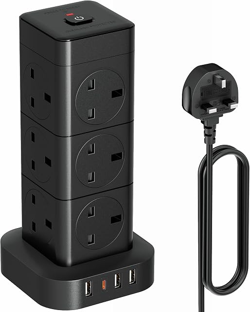 Hulker Tower Extension Lead with USB 12 Way 4 USB (1 Type C and 3 USB Ports) Multi Plug Extension Socket Black Vertical Power Cord Extension with Switch Extension Cord 2M Overload Protection 3250W 13A