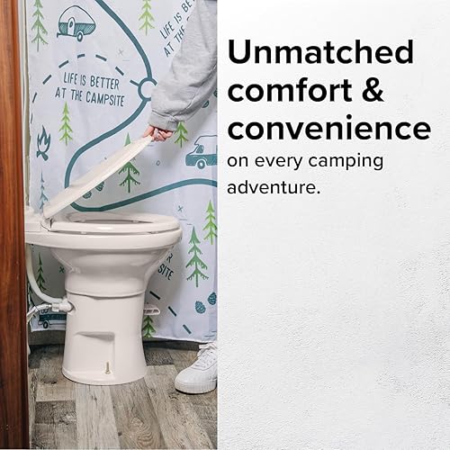 Miniatura 4 de Camco Inodoro de cerámica prémium para cámper o caravana, cuenta con sistema de descarga por gravedad con práctico pedal de pie, diseño ergonómico