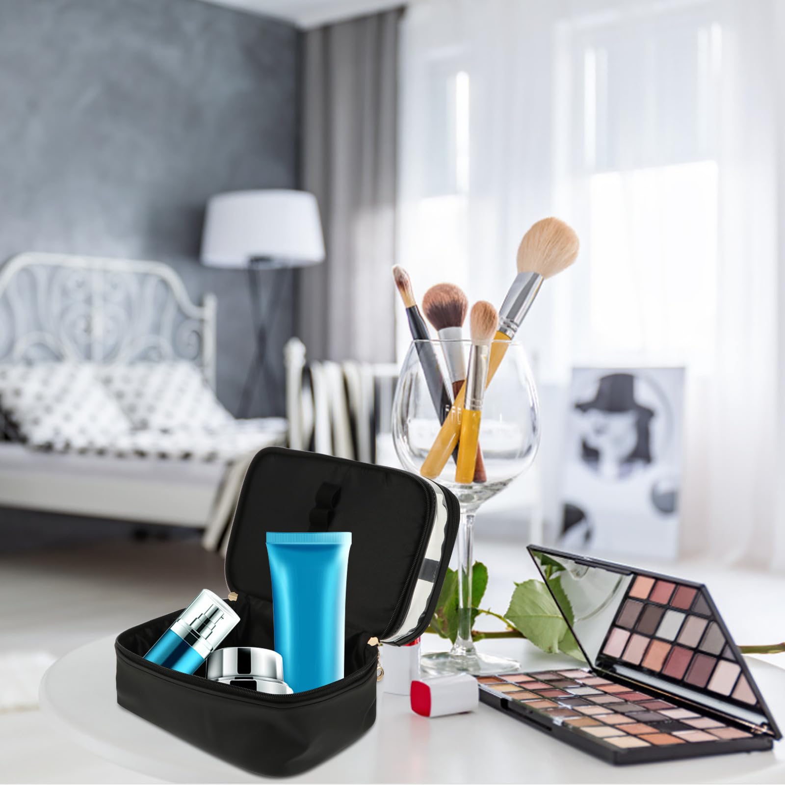 Cabilock Borsa Cosmetica Doppio Strato da Donna e Resistente Grande Capacità, in Pu Nero, per Turismo e Palestra