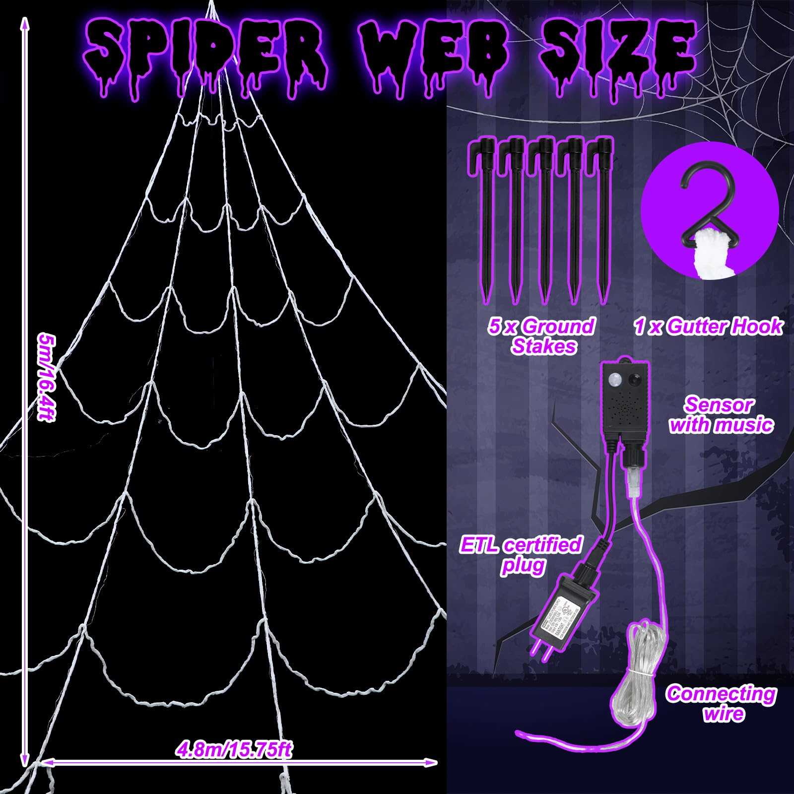 Retisee Luces Gigantes de telaraña con Sensor de Movimiento de 17 pies, 120 Luces moradas para decoración de Ventanas de Halloween, Exteriores, Interiores, hogar, Fiesta, Patio Encantado
