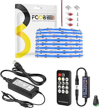 16.4FT COB Blue LED Strip Light 480LEDs/m 12V COB Strips with Dimmer Controller 14 Keys and AC100-240V to DC12V3A Max 36W Power Supply