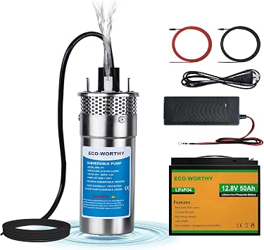 ECO-WORTHY 12V Portable Well Pump Kit with 50AH Lithium Battery and 10A Charger Submersible DC Water Pump for Deep Well, Off-Grid, Farm, Ranch