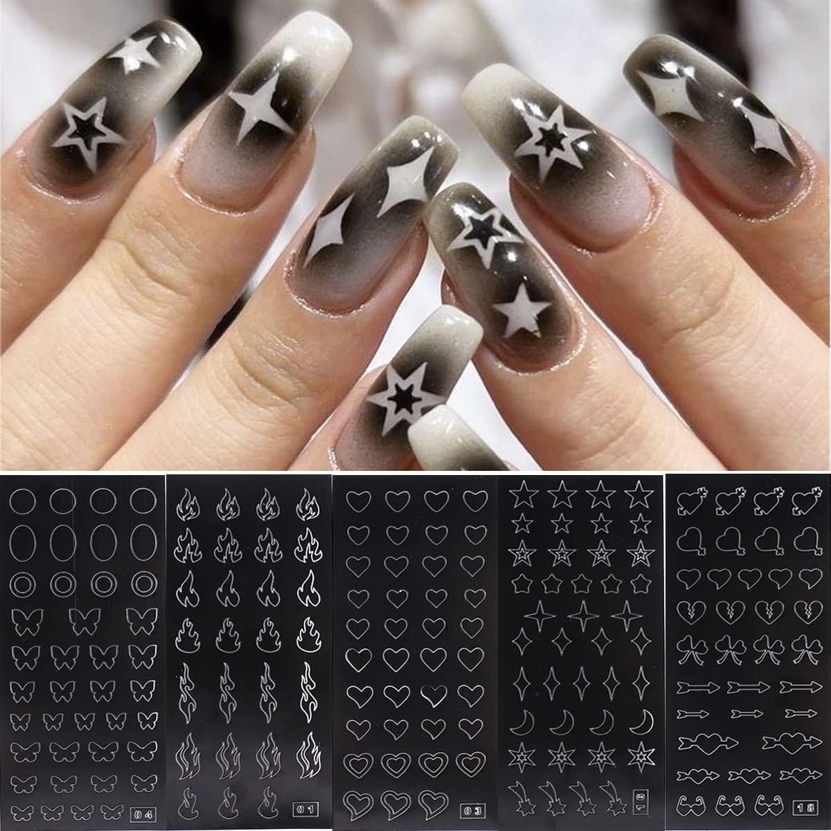 Airbrush Stencil for Nails 10 Sheets Heart Nail Charms Butterfly Bear Stars Hollow Nail Sticker Airbrush Templates French Manicure Tips Molds Nail Salon Suppliesโฆ