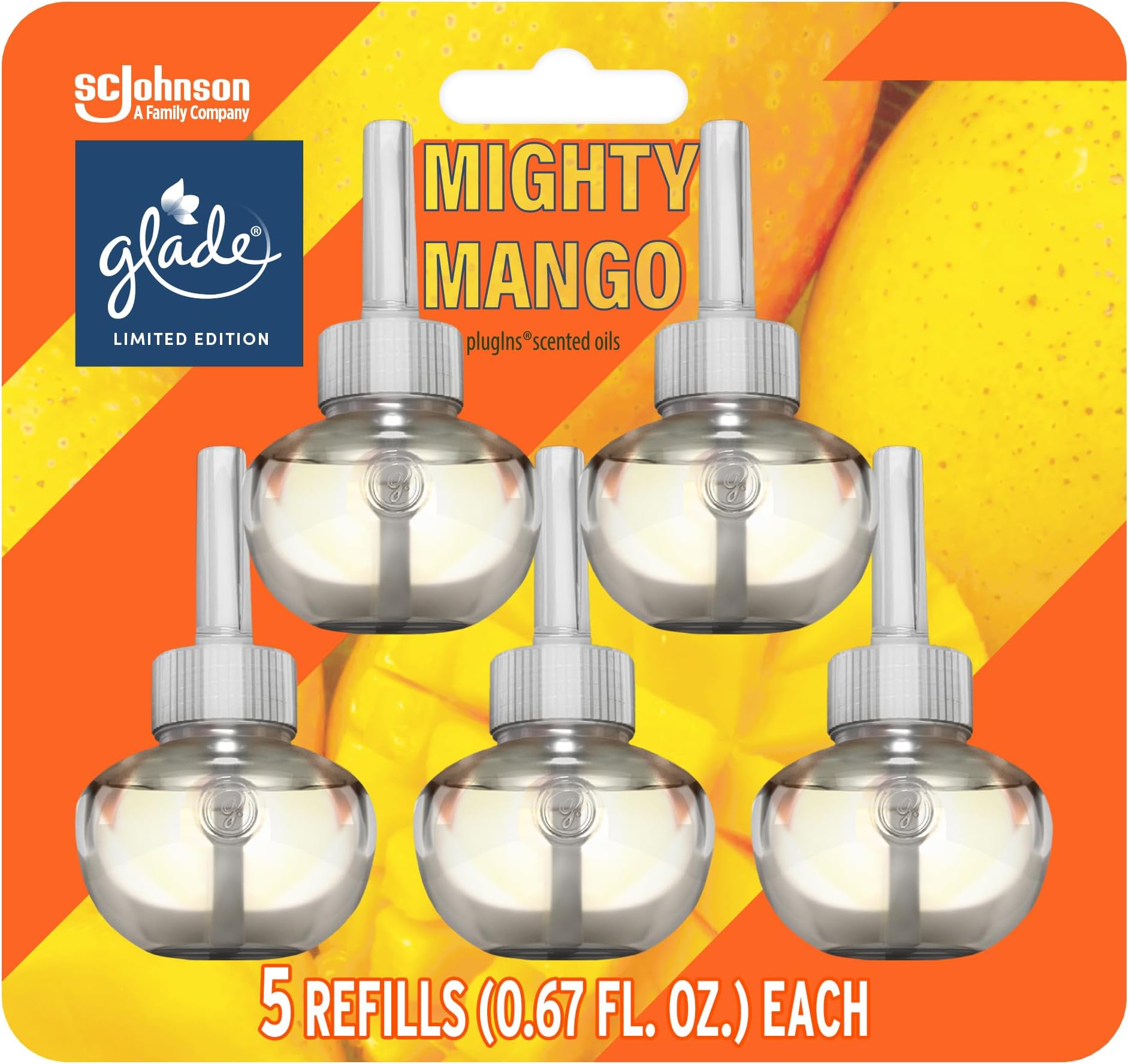 PlugIns Refills Air Freshener, Mighty Mango, Scented and Essential Oils for Home and Bathroom, 0.67 Fl Oz, 5 Count