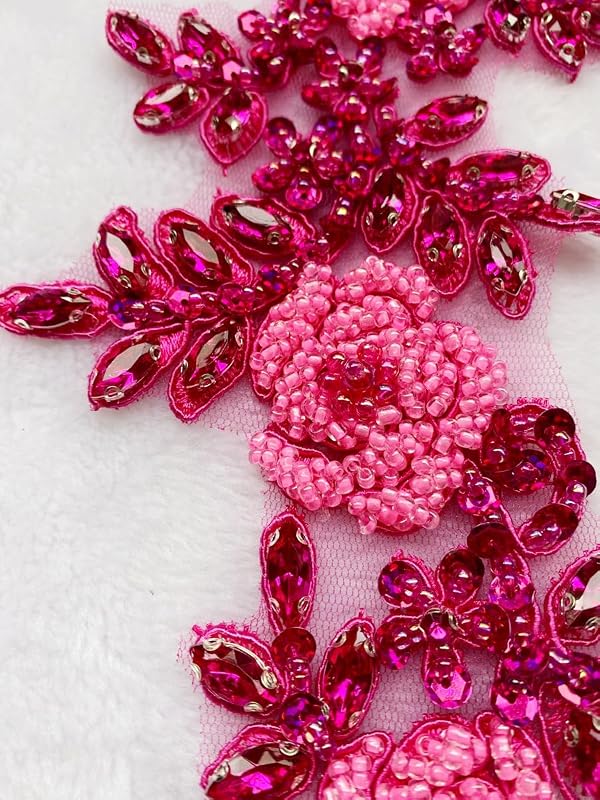Jpumley. Pksn Handmade Rhinestones on Lace Applique Trim Sewing Beads Sequins Trim Patches for Wedding Dress Accessories 1Pair/Bag 6X14inches (Rosered Pink) by Jpumley.pksn - Image 4