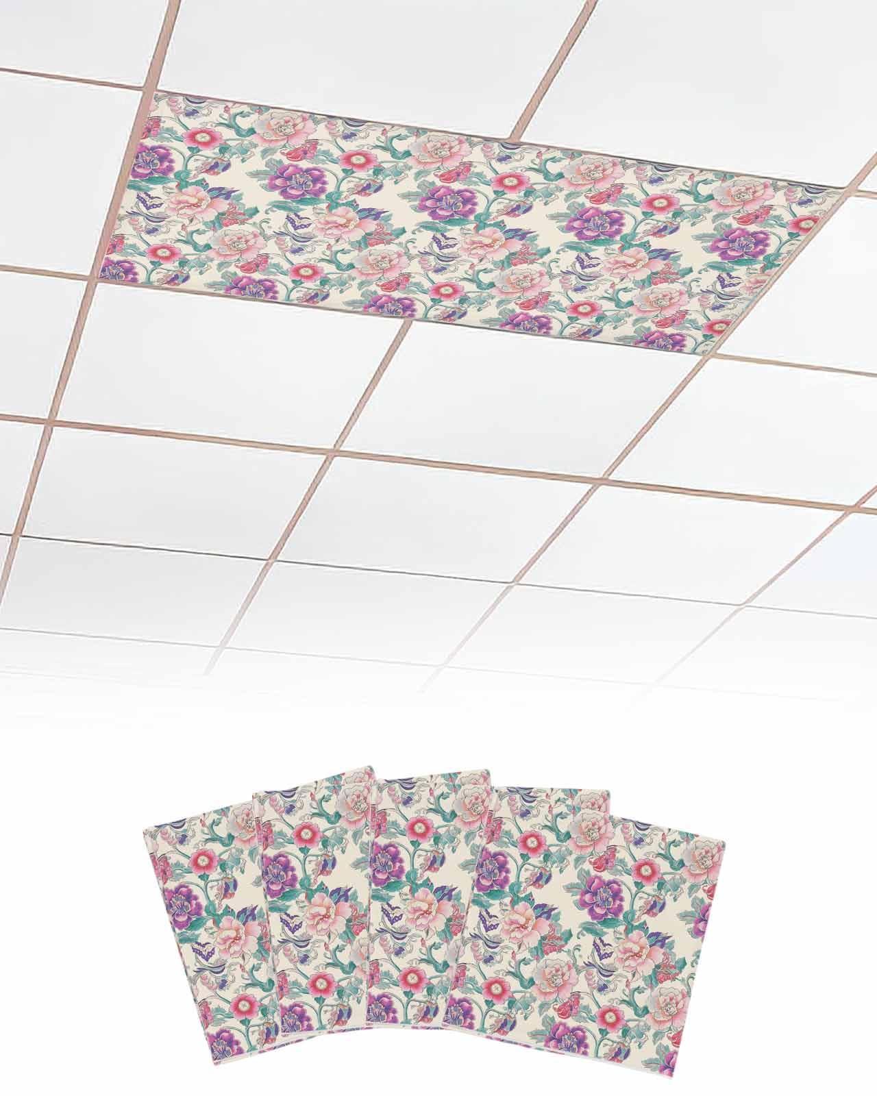 Retro 4 Pcs Fluorescent Light Covers for Ceiling Lights, Flowers Painting Style Magnetic Light Filters for Eliminate Harsh Glare Classroom Office Decoration, 4 x 2 Ft