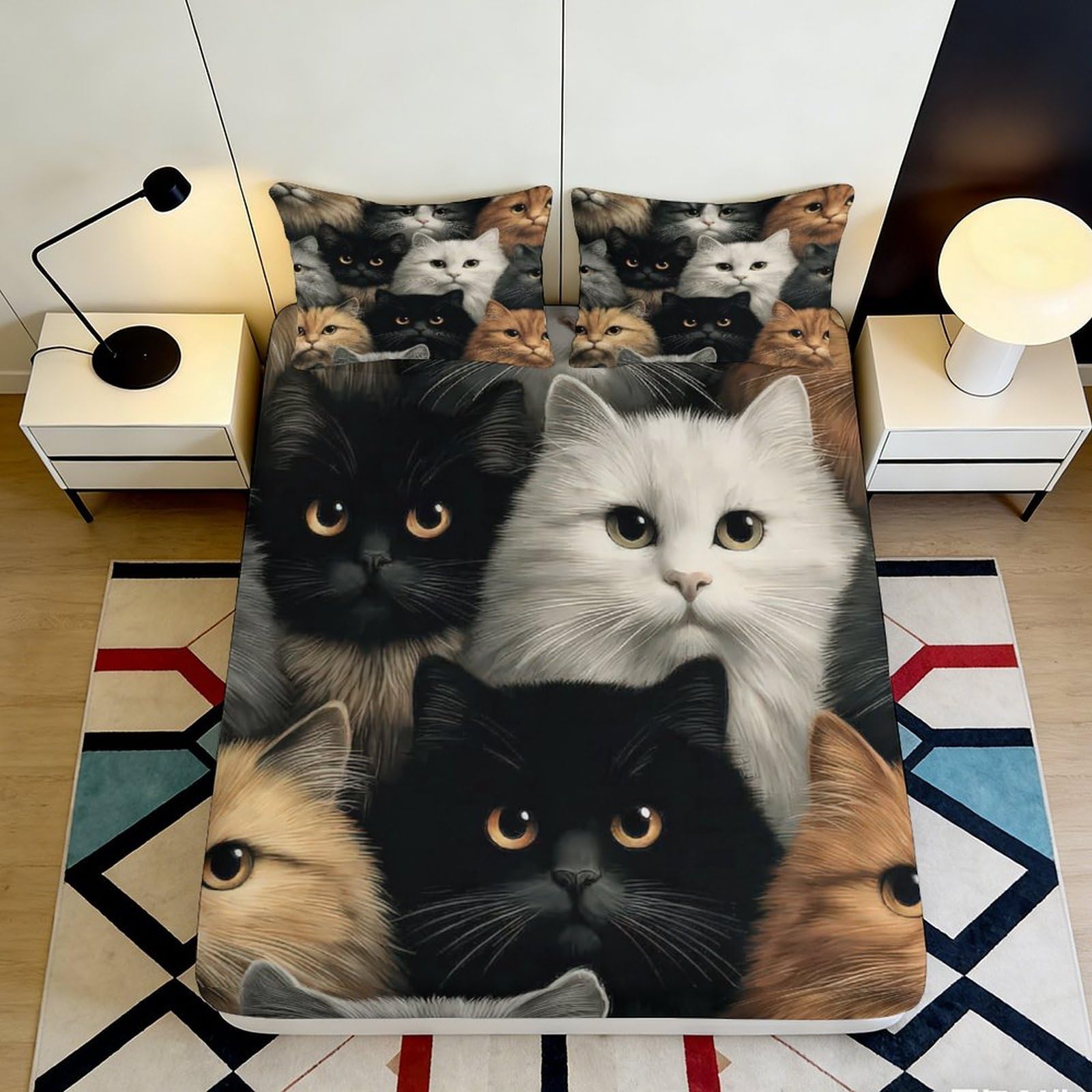 3D Printed Cat Portrait Fitted Sheet Microfiber Soft Breathable Kitten Pattern Mattress Cover for Bedroom Decor 90x200x25cm