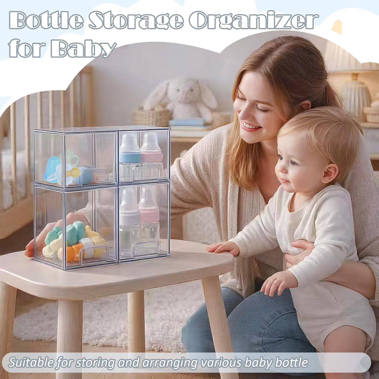 Baby Bottle Organizer-4 Pack Stackable Storage Drawers, Baby Organizers and Storage with Hooks, Clear Acrylic Multipurpose Bottle Storage for Countertop,Kitchen,Cabinet,Vanity,Bathroom