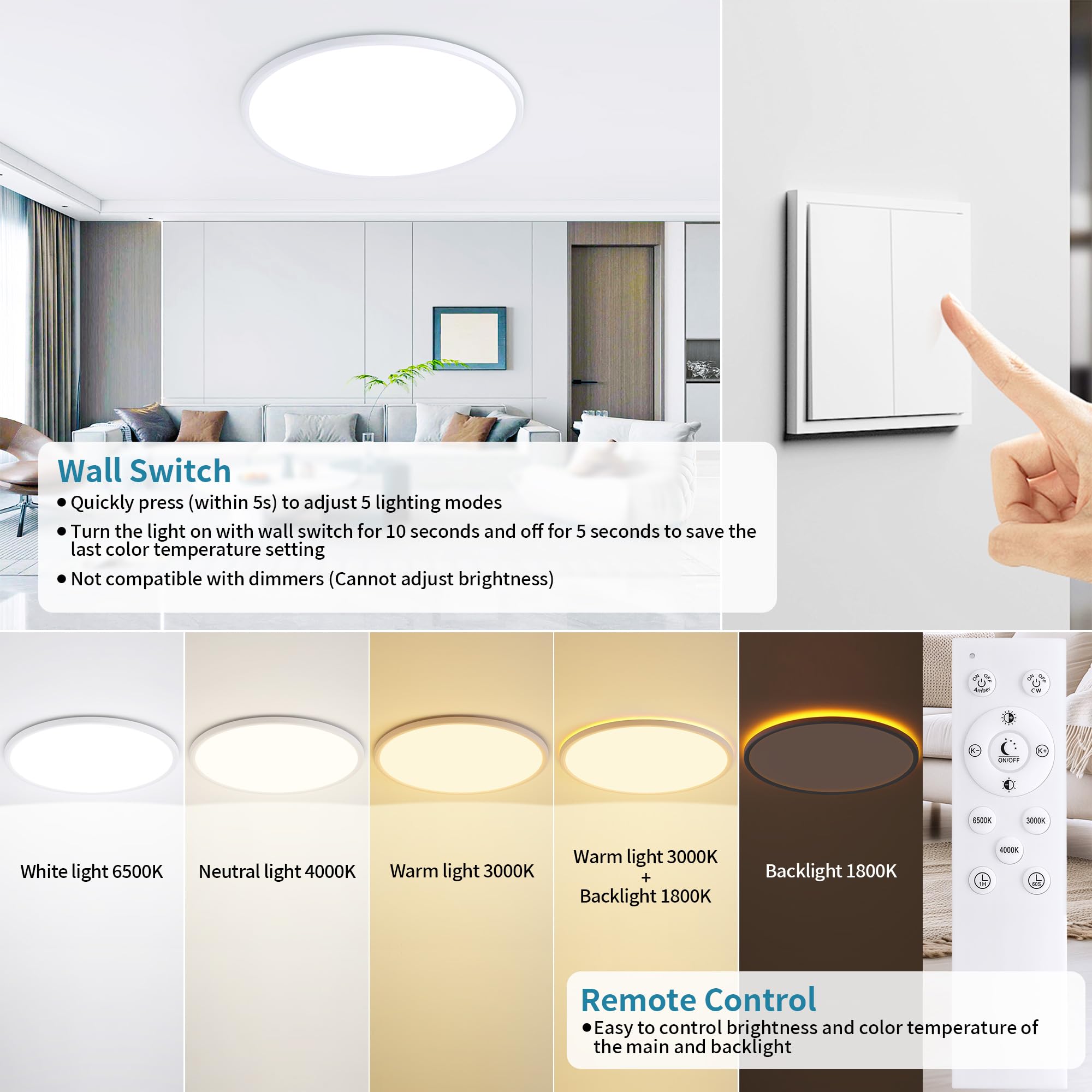 LED Deckenleuchte Flach Dimmbar Ø59cm 50W mit 1800K Nachtlicht | Dimmbare 3000K-6500K Deckenlampe Rund mit Fernbedienung für Wohnzimmer Schlafzimmer Kinderzimmer Büro, Weiss