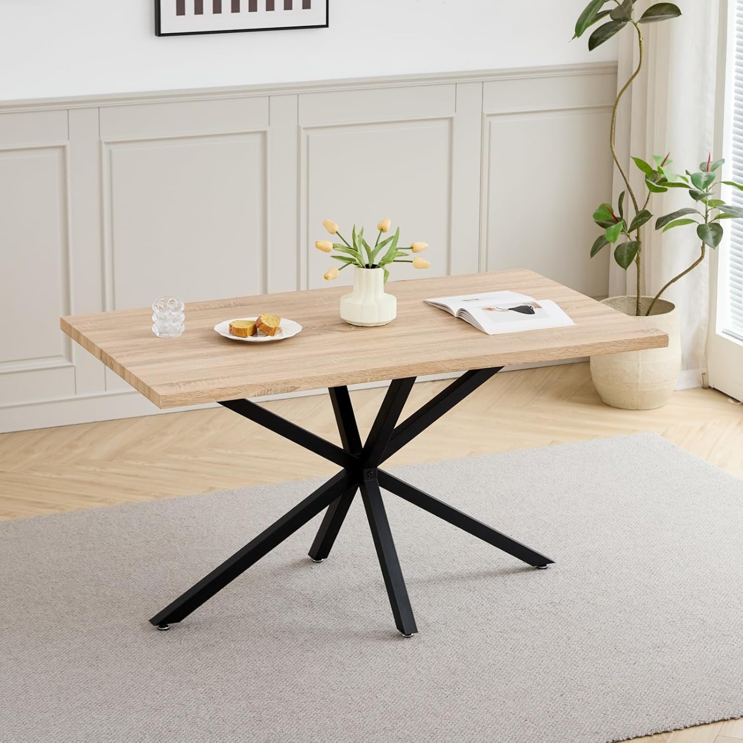 GrandCA HOME Juego de Mesa y Sillas de Comedor, Mesa de Comedor Rectangular 140 * 78 * 77cm,4 Sillas de Comedor Ttapizadas, Juego de Muebles de Cocina de 5 Piezas (Color Claro + Beige)