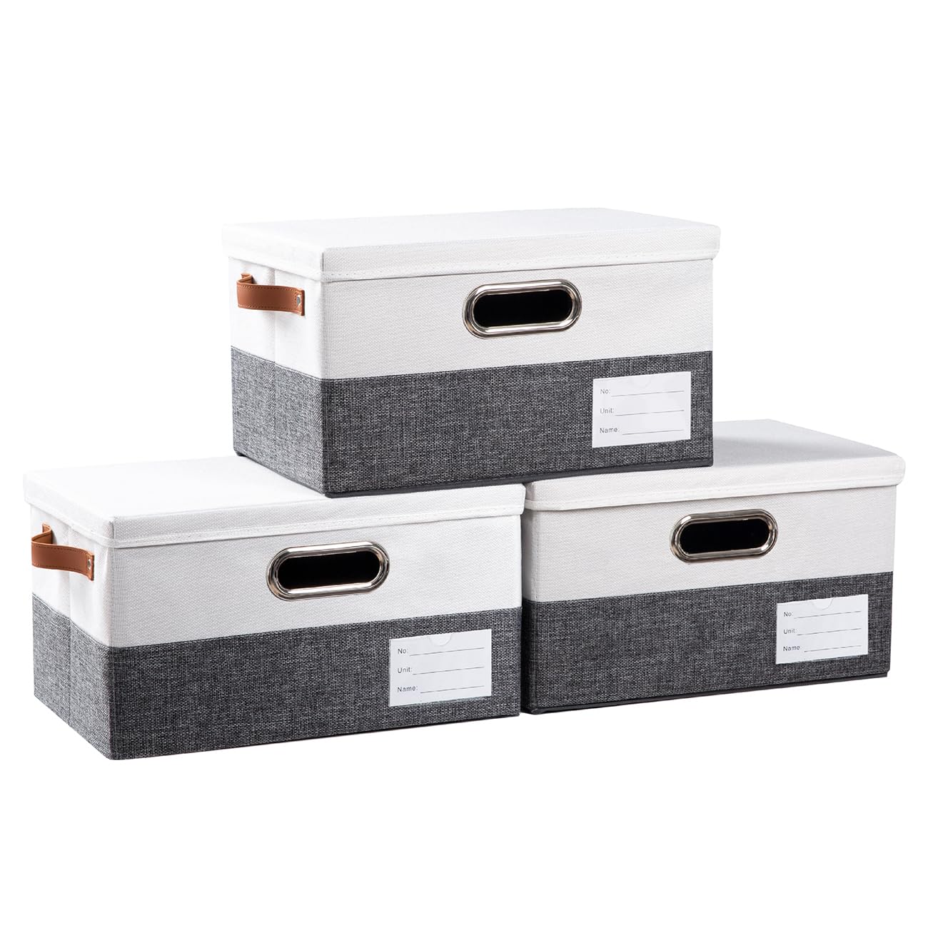 PRANDOM Storage Bins with Lids [3-Pack] Linen Fabric Foldable Storage Boxes Organizer Containers Baskets Cube with Cover for Bedroom Closet Office Grey&amp;White（11.4X8.6X6.7