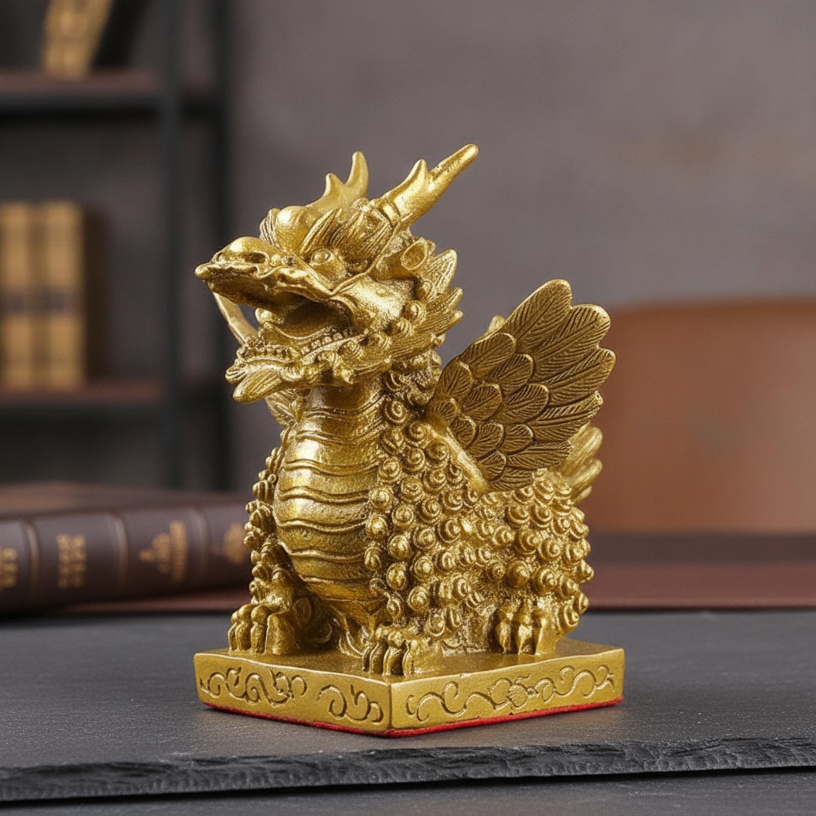 Drachenfigur Goldfarben Qilin-Figur Detailliert Drachenskulptur für Altar, 12 cm