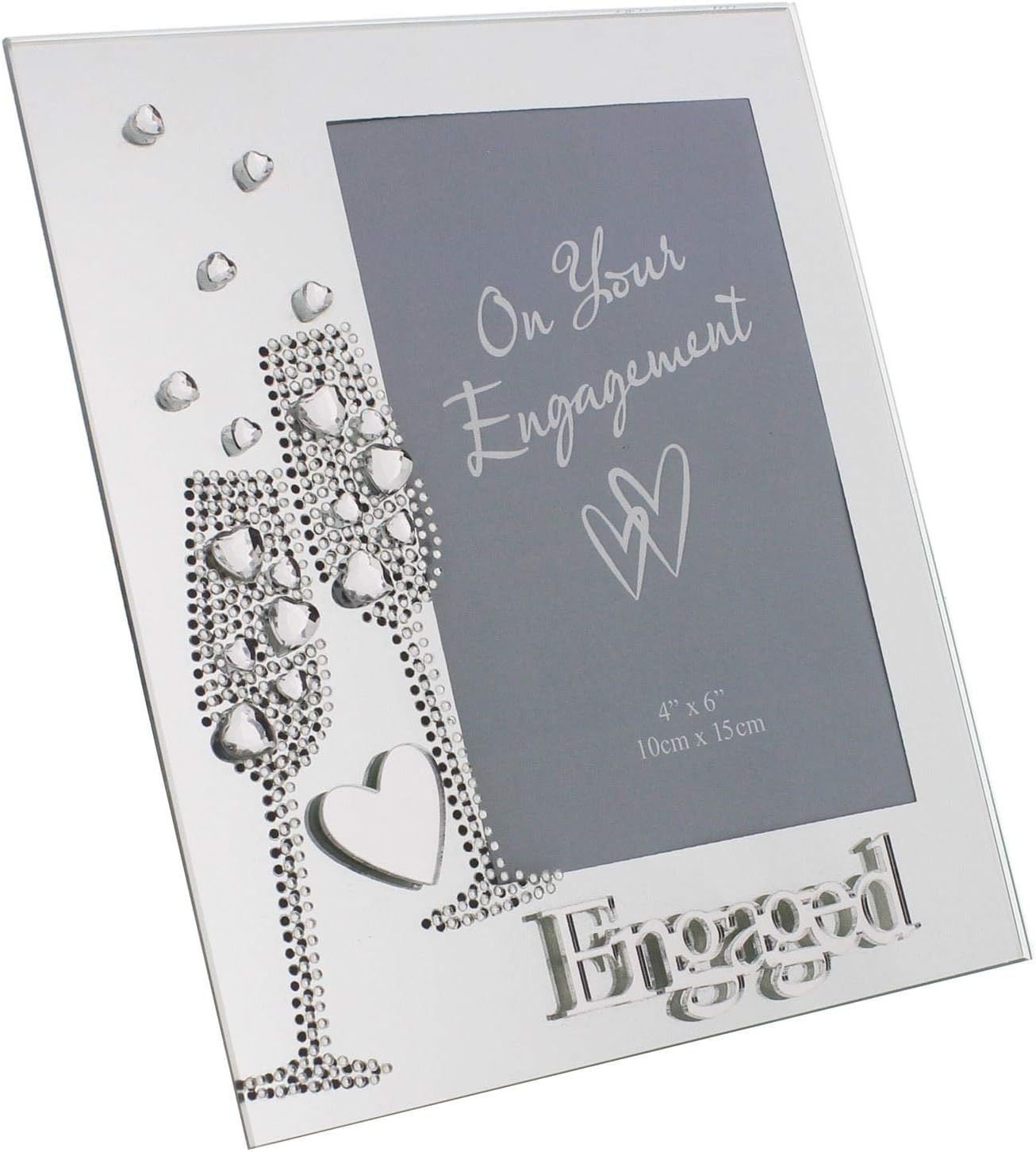"Engaged" 6x4" Mirrored Glass Photo Frame with Champagne Flutes Motif