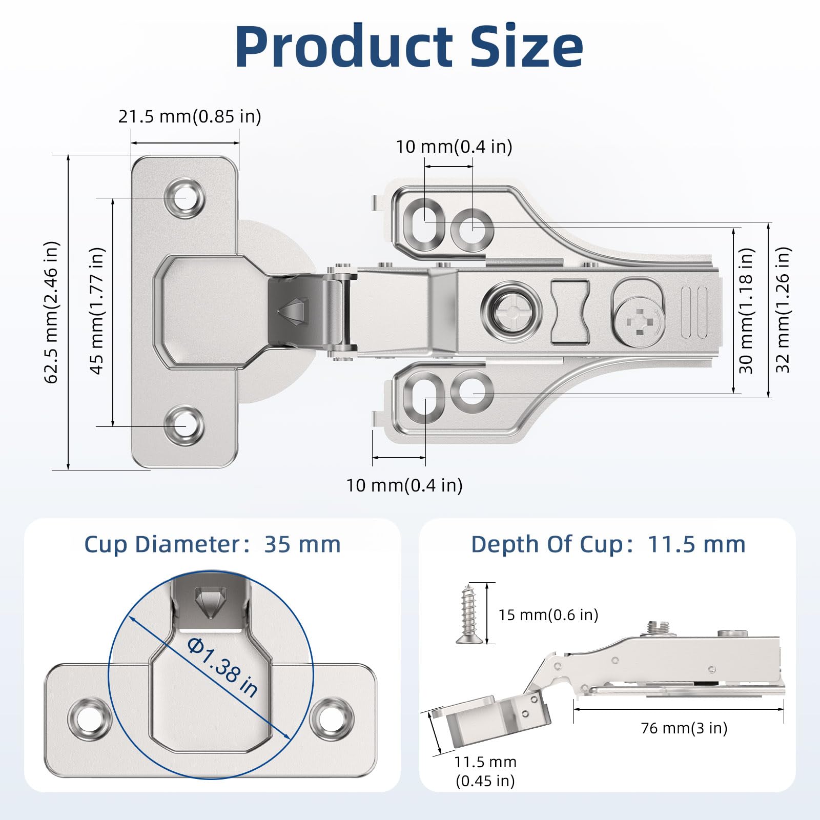 Chibery 30 Stück 0,6 cm Teilüberlagerung sanft schließendes verdecktes Scharnier für Frontrahmen und rahmenlose Tür, 3D-Anpassung, Clip-On-Platte, langsam selbstschließend, verstecktes Satin-Nickel,