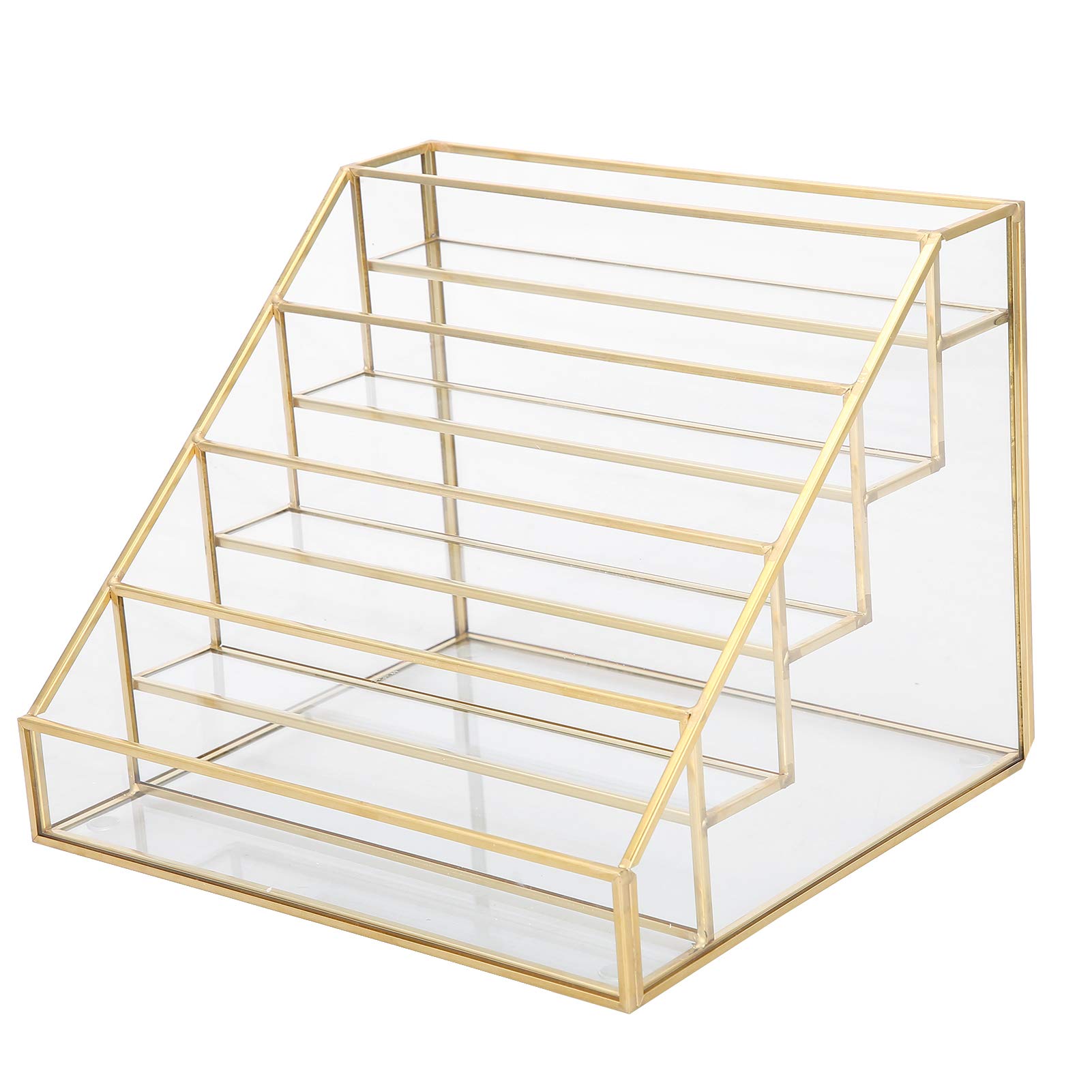 Brrnoo Porta Smalti Espositore Organizer Trucco Scaffale Trapezoidale 5 Ripiani Vetro Rame con Superficie Trasparente Lucida per Smalti Oli Essenziali Lucidalabbra Balsamo (Piccola)