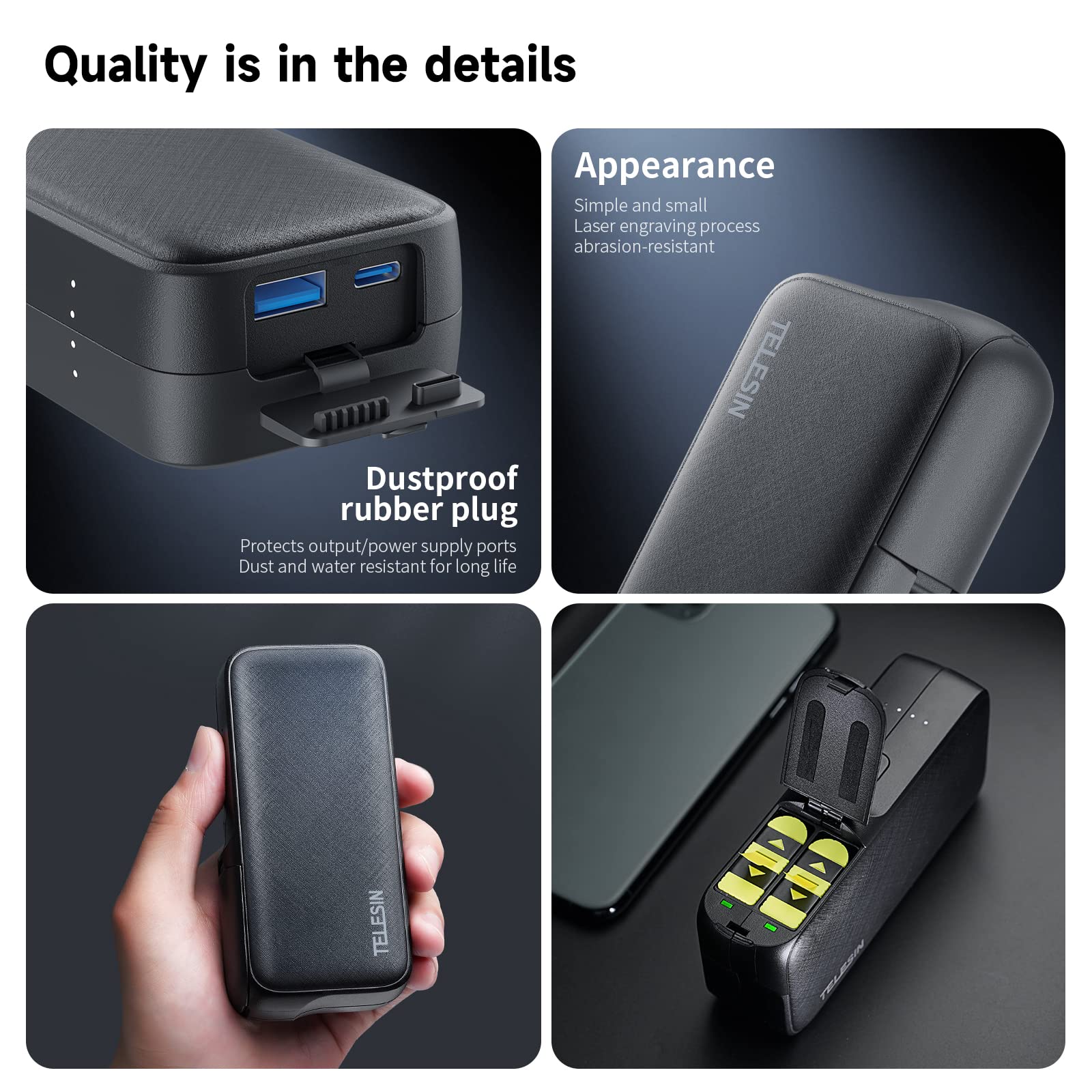 TELESIN 10000 mAh Akkuladegerät Power Bank für Go Pro Hero 13, Dual-Slot Schnellladegerät für Go Pro Hero 13, Multifunktions-tragbares Powerbank Akku-Ladegerät voll kompatibel mit Go Pro Hero 13 Akku