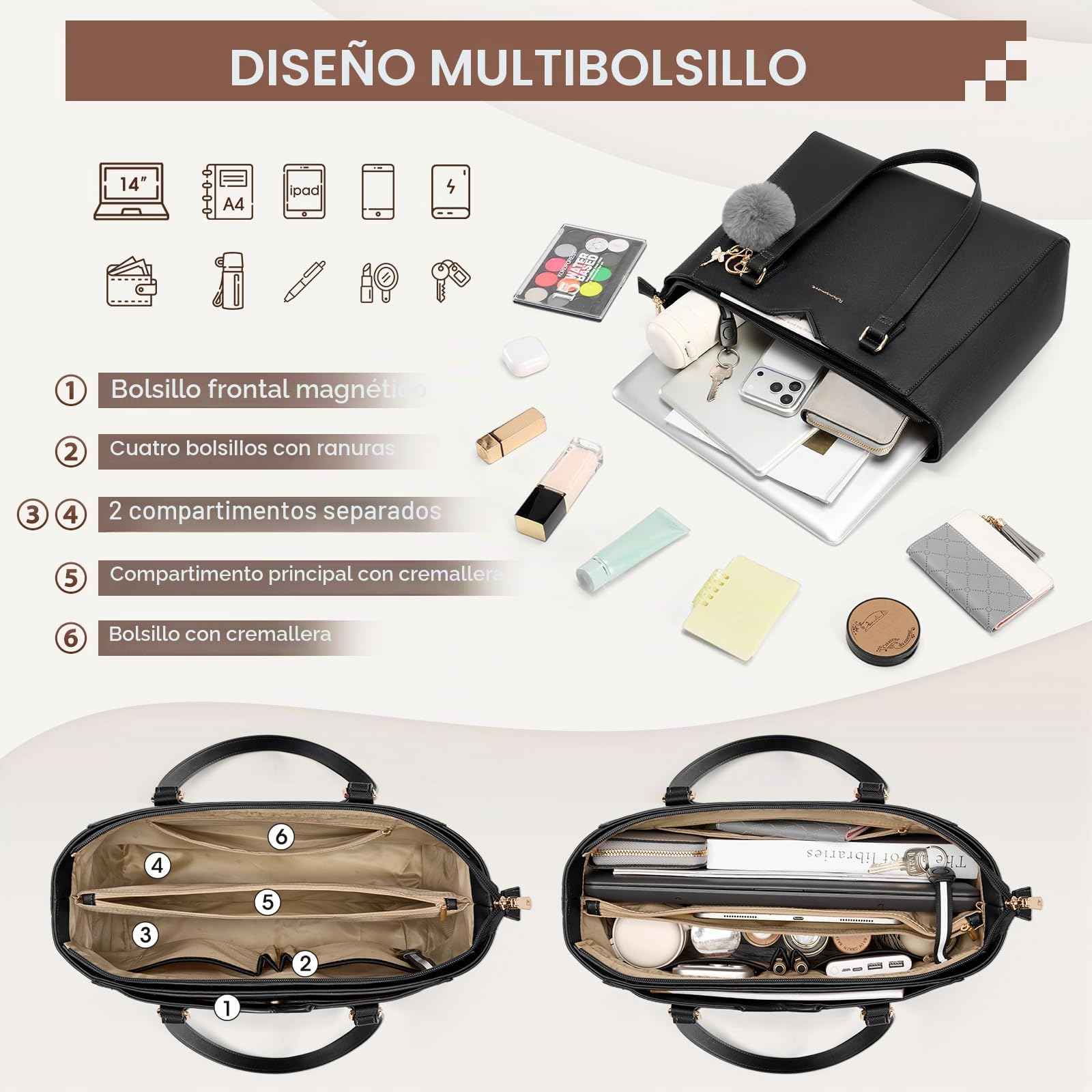 RAINSMORE Bolso Mujer Grande Bolso Universidad Impermeable Bolsos Shopper Tote Mujer para Portátil Cuero PU con Pompon Extraíble para Trabajo Escuela Viajes