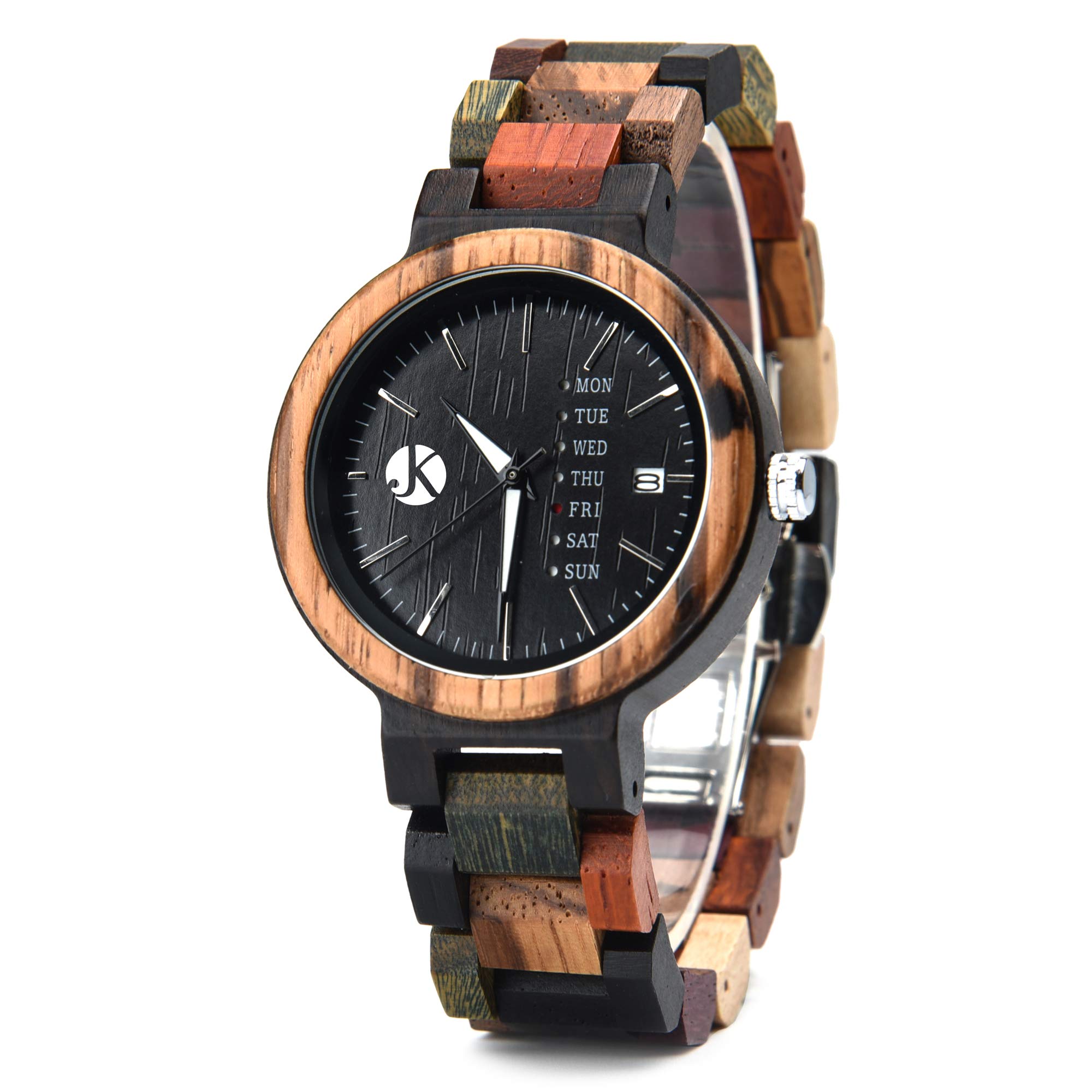 Kim Johanson Damen Holz-Edelstahl Armbanduhr *Colorful Week* mit Datum- & Tagesanzeige Handgefertigt Quarz Analog Uhr inkl. Geschenkbox
