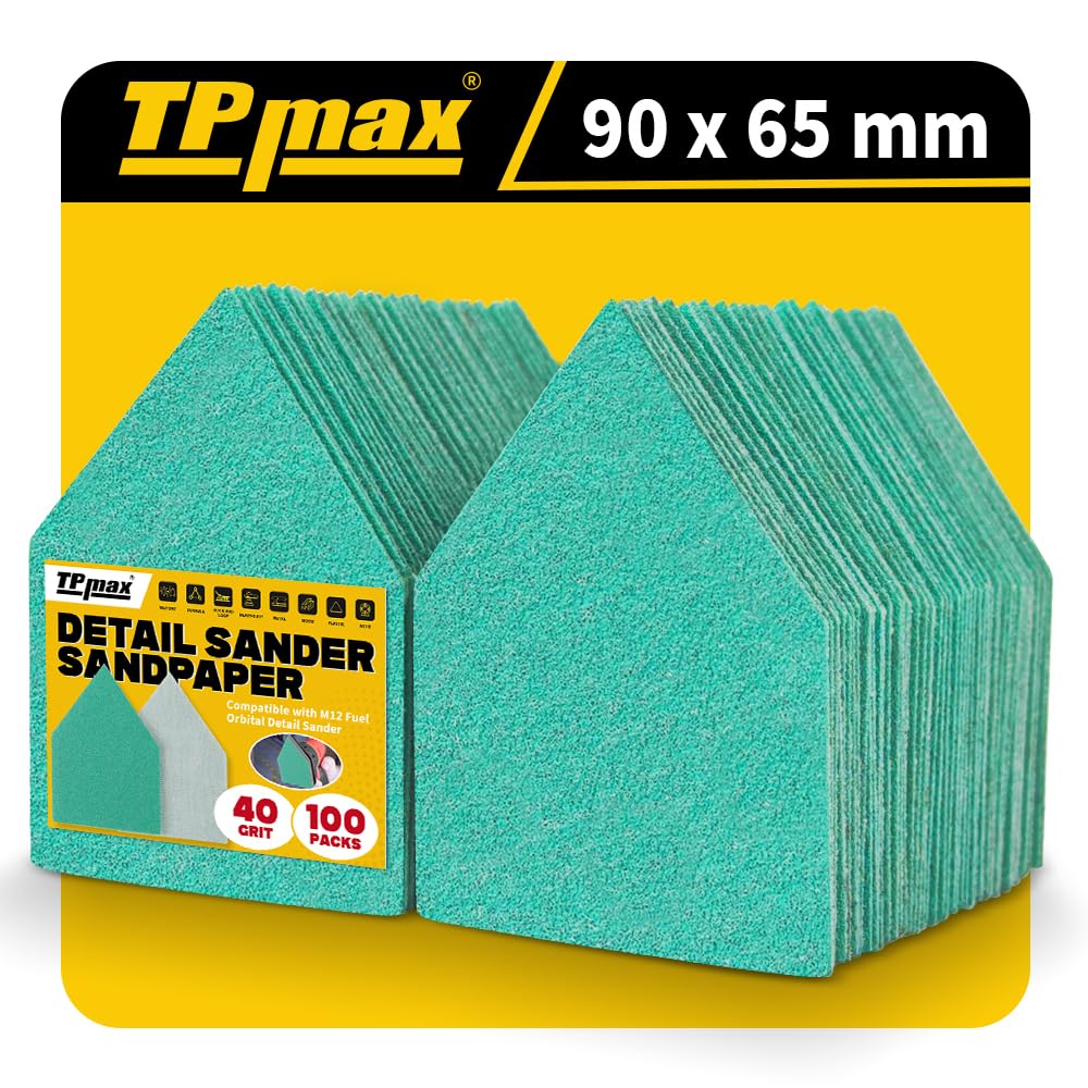 TPmax 100 Pack 90x65mm Detail Sander Sandpaper 40 Grit Compatible with Milwaukee M12 Heavy Duty Hook & Loop Anti Clogging Polyester Film Sheets