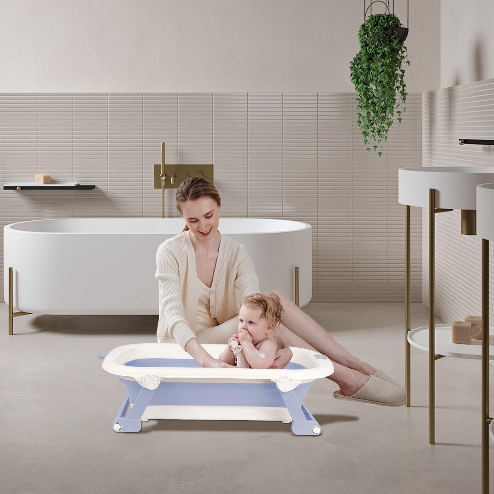 Bañera plegable para bebé con cojín antideslizante, termómetro incorporado, diseño portátil para el hogar y los viajes, XXL Benoire para bebé de baño, fácil de limpiar (azul, 80 x 50 x 22 cm)
