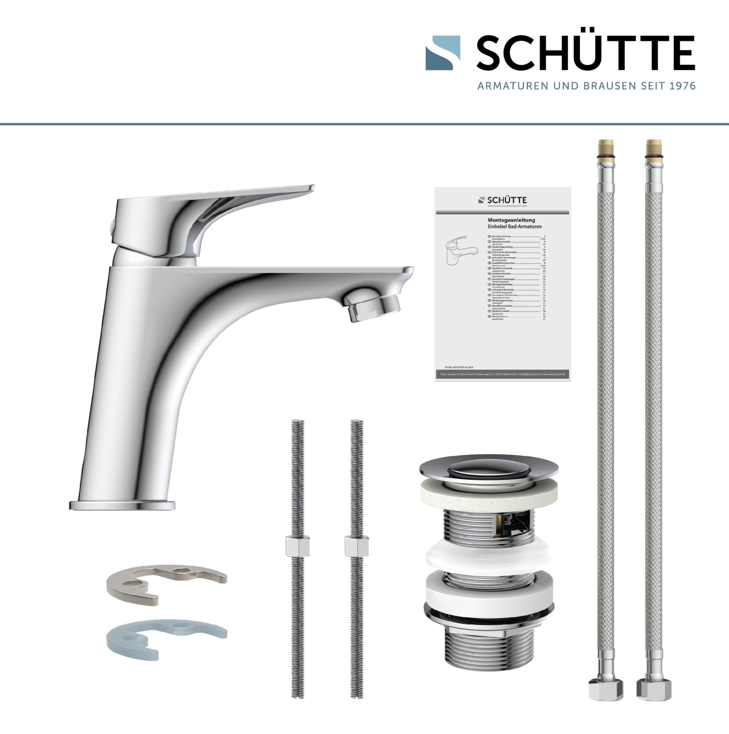 SCHÜTTE Grifo de Baño Cromado BOSTON, Mezclador de Lavabo Moderno con Desagüe Automático