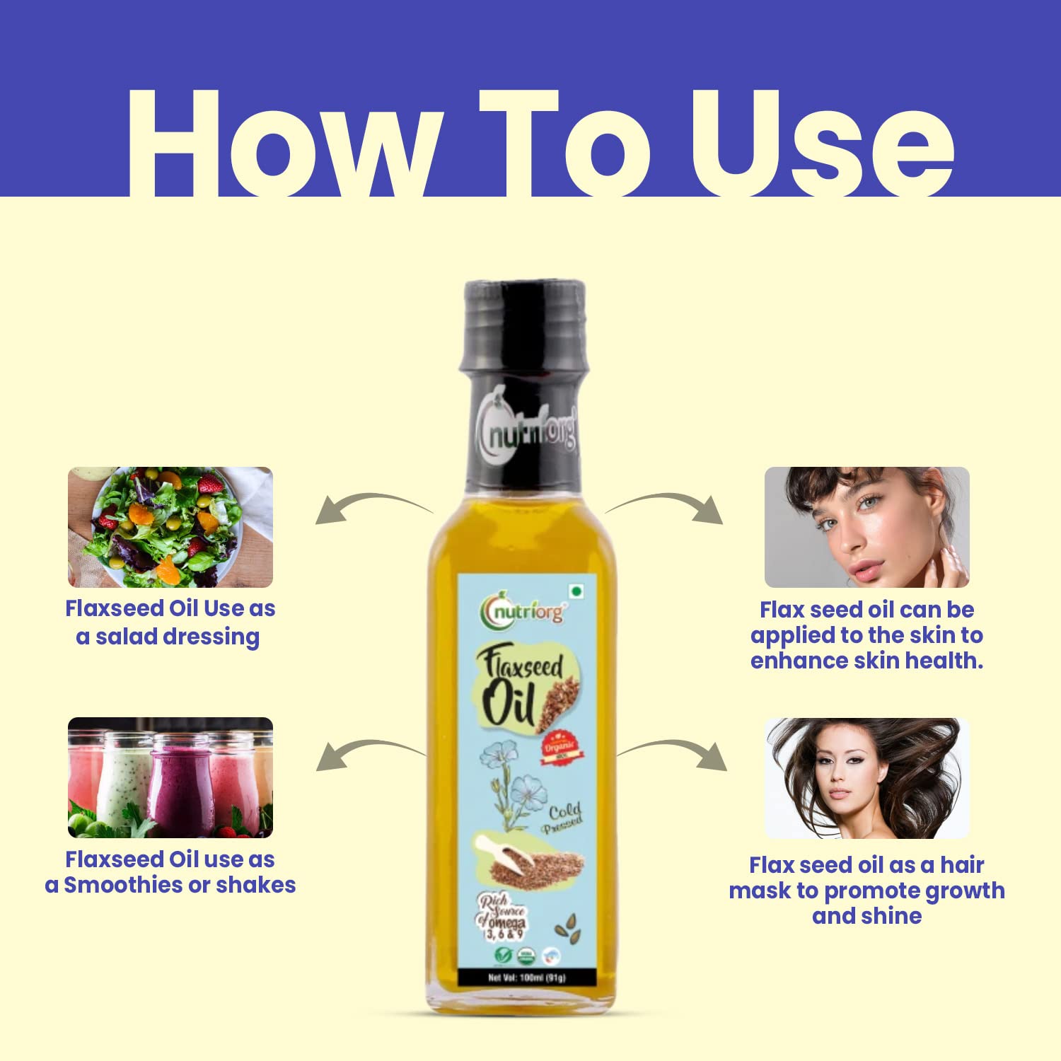 Nutriorg Organic Flaxseed Oil & Castor Oil, 100 Ml (Pack Of 2) - Image 6 thumbnail