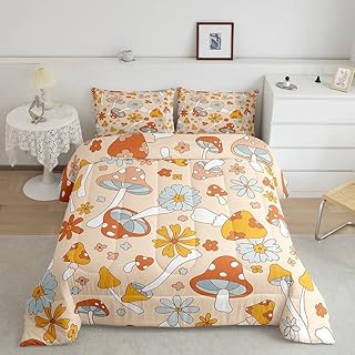 Hippy Girl Flower Bedding Set Retro 60s 70s Groovy Flower Mushroom Duvet Insert,Cool Vintage Rainbow Starflower Comforter Set Adults Women 60s Flower Power Down Comforter Full,Rustic Home Decor