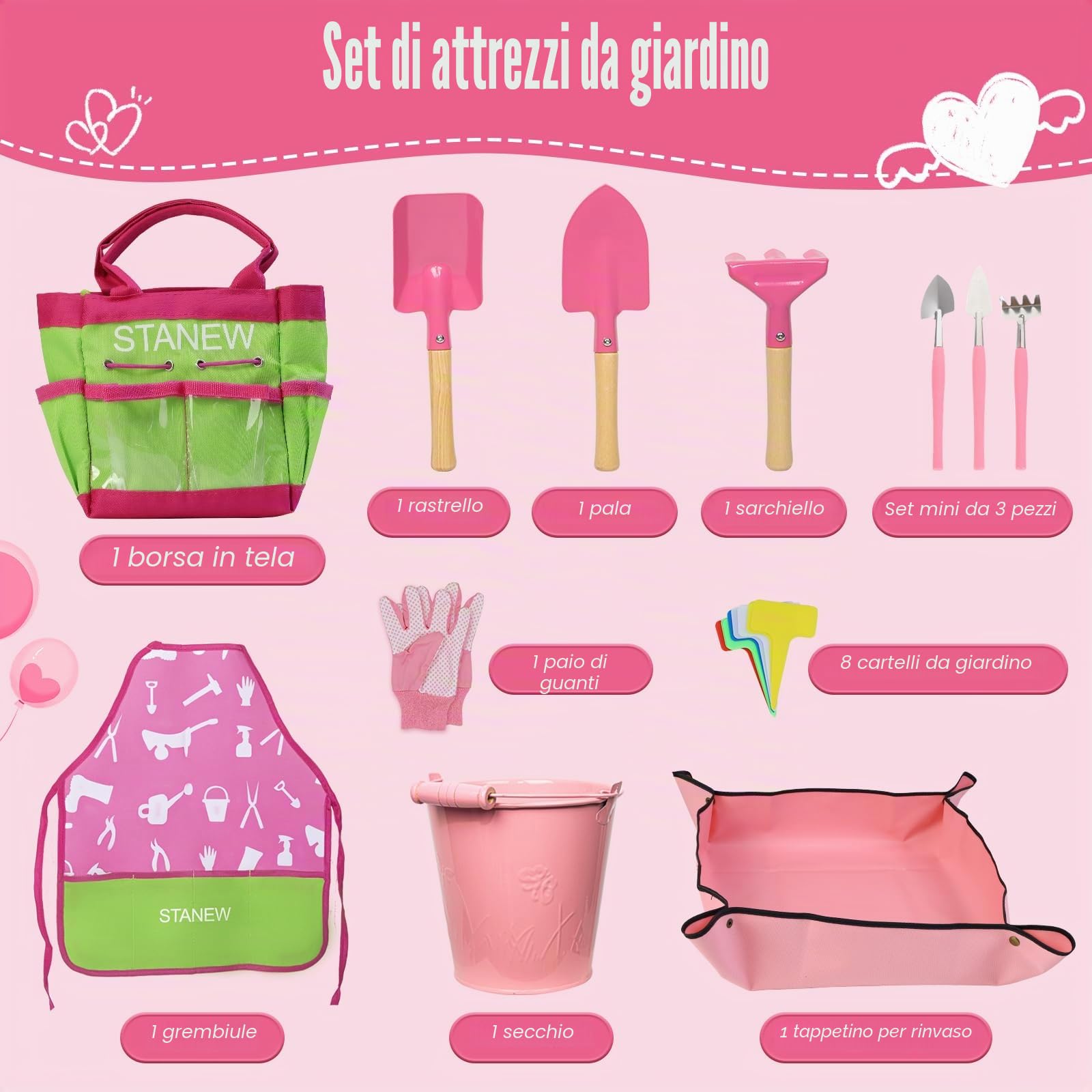 Stanew Set di Attrezzi da Giardino per Bambini, Set Giardino Bambini, Kit Giardinaggio Bambini (Rosa) Include Secchio, Grembiule,Guanti da Giardino per Bambini,Paletta Giardinaggio,Borsa da Giardino