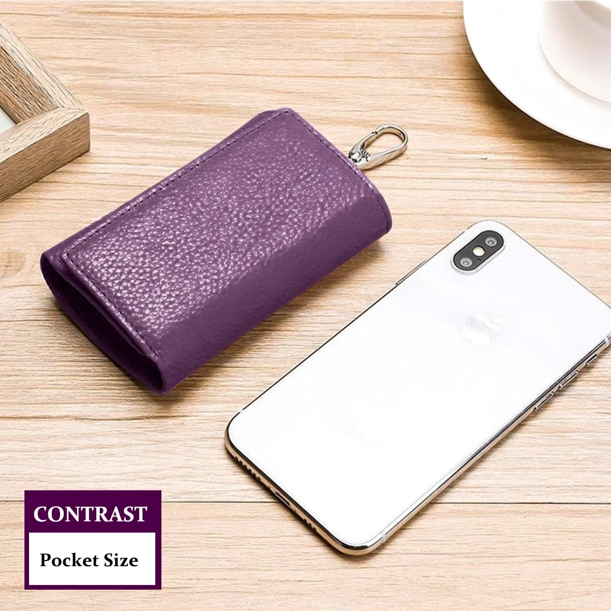 Genuine Leather Key Case Wallet with 6 Hooks & Snap Closure Key Organizer (Purple)