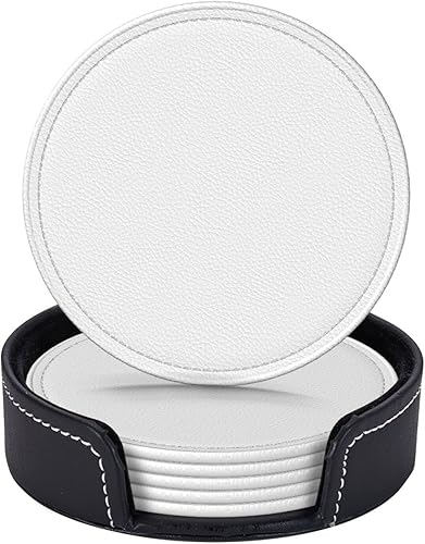 Miniatura 5 de Drink Coasters Set of 6, Solid Color White Printed PU Leather Round Coaster with Holder for Outdoor, Office, Bar, Funny Heat-Resistant Home Desk