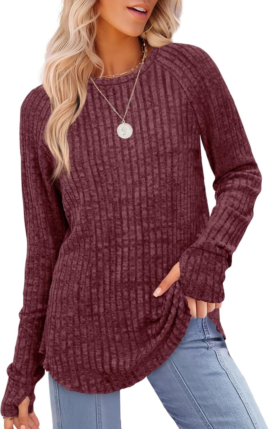 Saloogoe Women's Long Sleeve Top Crewneck Basic Lightweight Fall Shirt with Thumb Hole