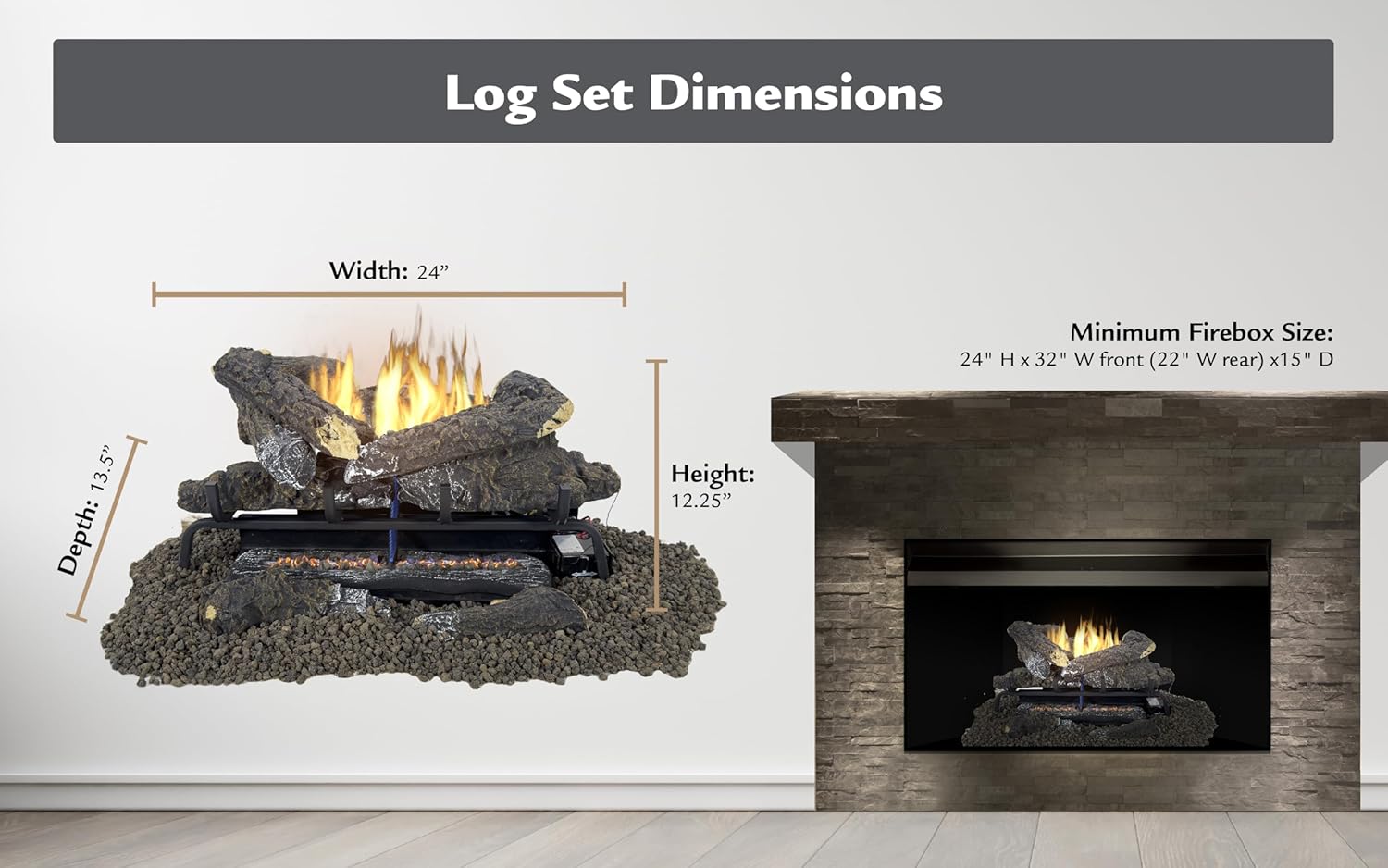 Diagram showing the width, depth, and height dimensions of the gas log set and minimum firebox size requirements