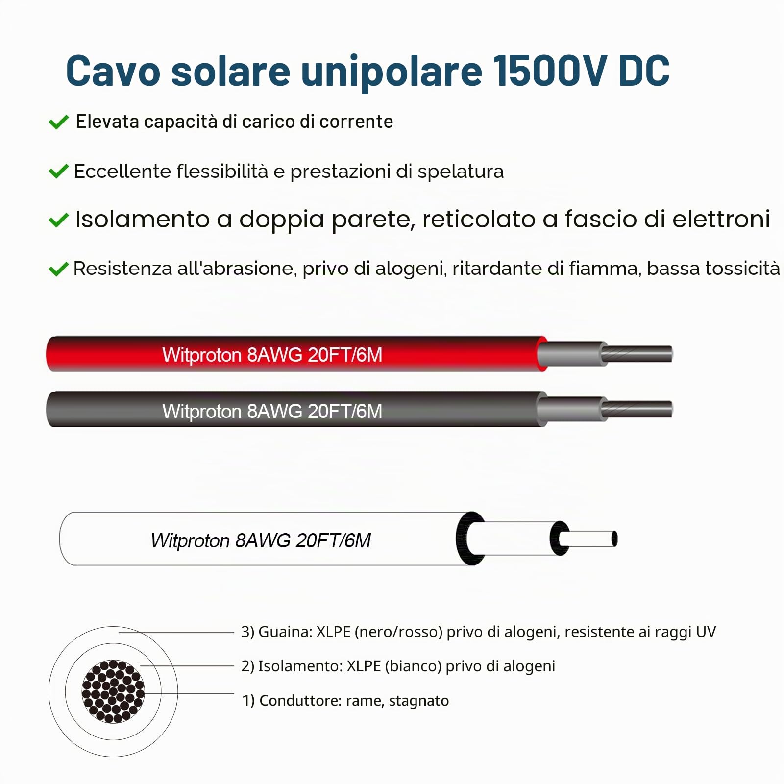 Prolunga per cavo solare, 10 mm², 6 m, 8 AWG, cavo solare flessibile, 1500 V, con cavo fotovoltaico impermeabile IP67 (6 m, 10 mm2)