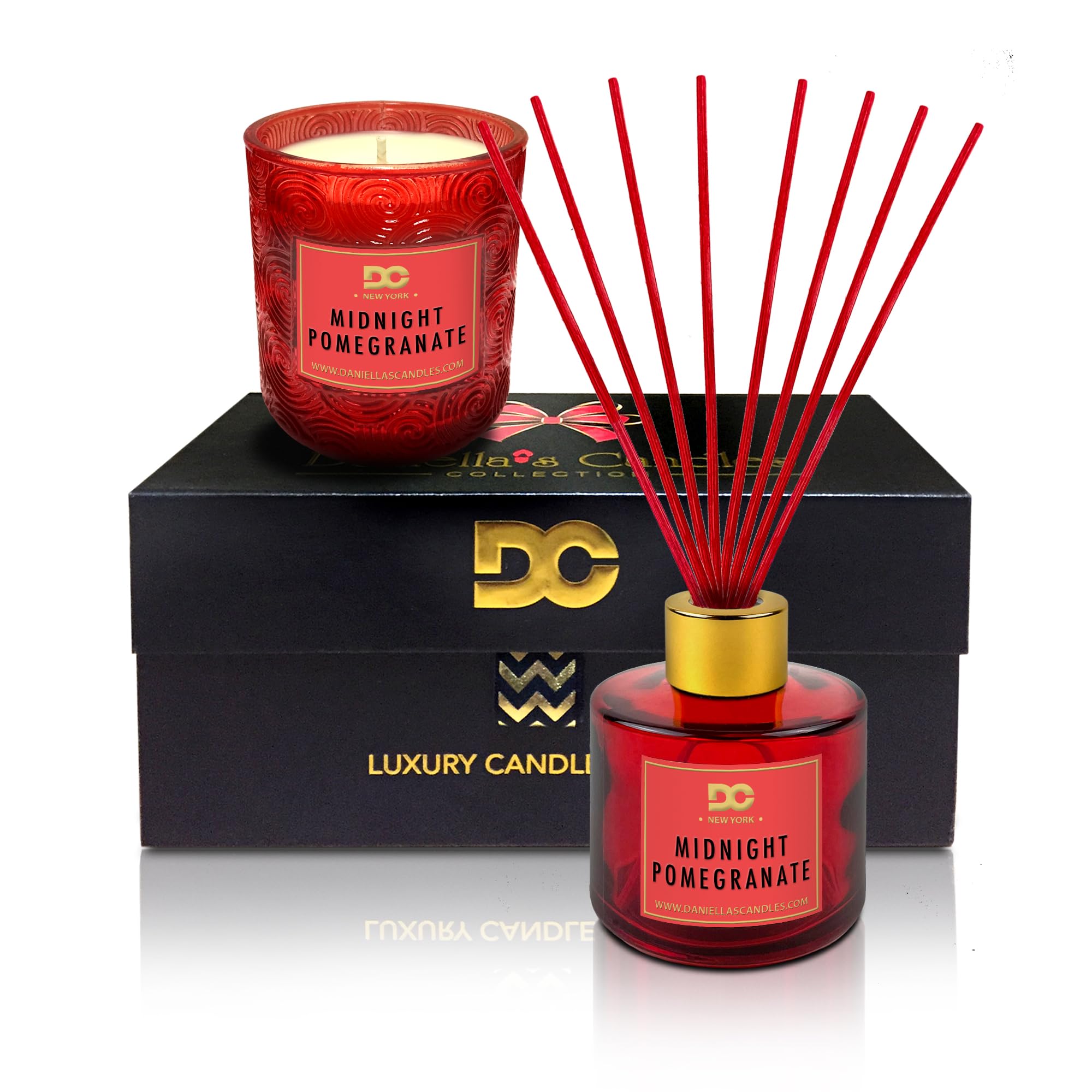 Daniella's Candles Scented Candle and Reed Diffuser Gift Set, Midnight Pomegranate Scent, Long Lasting Coconut Soy Wax 7 oz Candle and 3.4 oz Reed Diffuser, Red