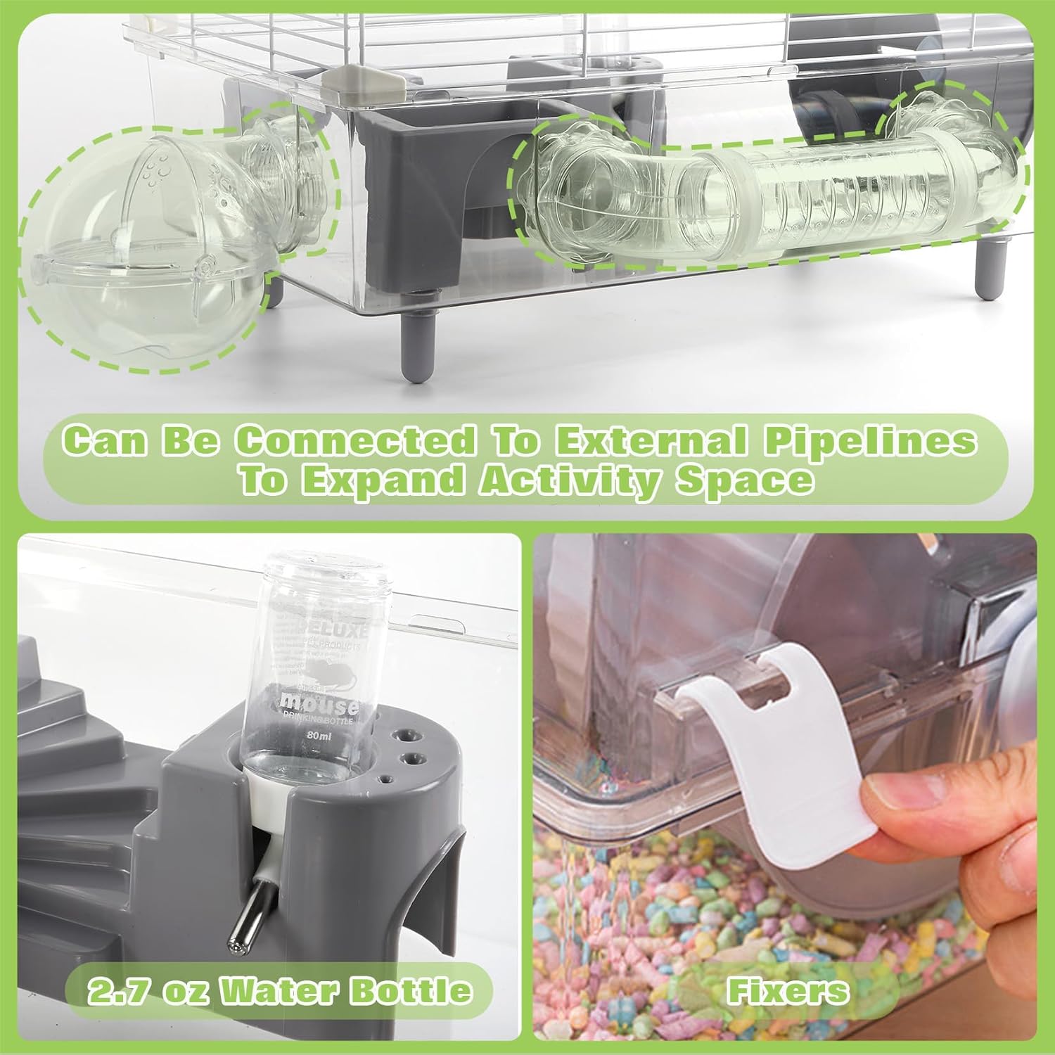 Hamster Cage Starter Kit 22″Lx12″Wx15″H with Combination of Bathtub & Food Bowl & Steps, φ6″ Exercise Wheel, Water Bottle, Sunroof, Lockable Door, Transparent/Gray