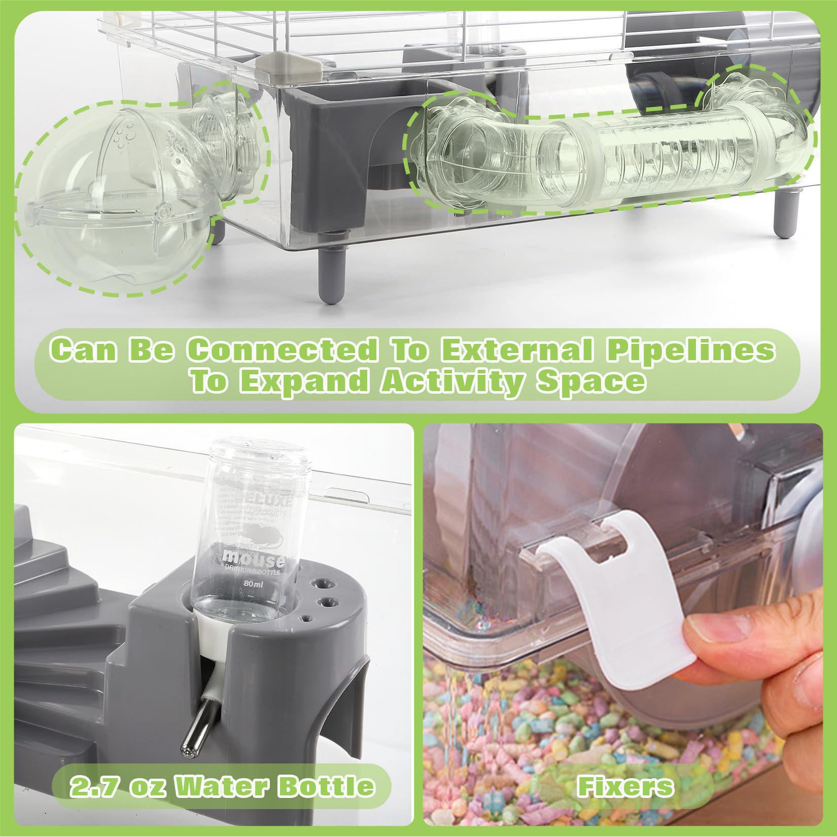 Hamsterkäfig-Set, 55,9 cm L x 30,5 cm B x 38,1 cm H, mit Kombination aus Badewanne und Futternapf und Stufen, φ15 Zoll Laufrad, Wasserflasche, Sonnendach, abschließbare Tür, transparent/grau