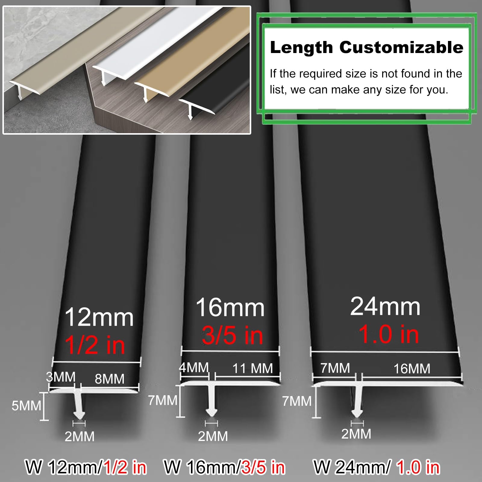 Aluminiowa czarna listwa progowa w kształcie litery T do desek laminowanych, płytek, betonu, długość 100 cm, szerokość 3/12,7 cm, chowana płaska listwa rozdzielająca do łączenia szczelin podłogowych,
