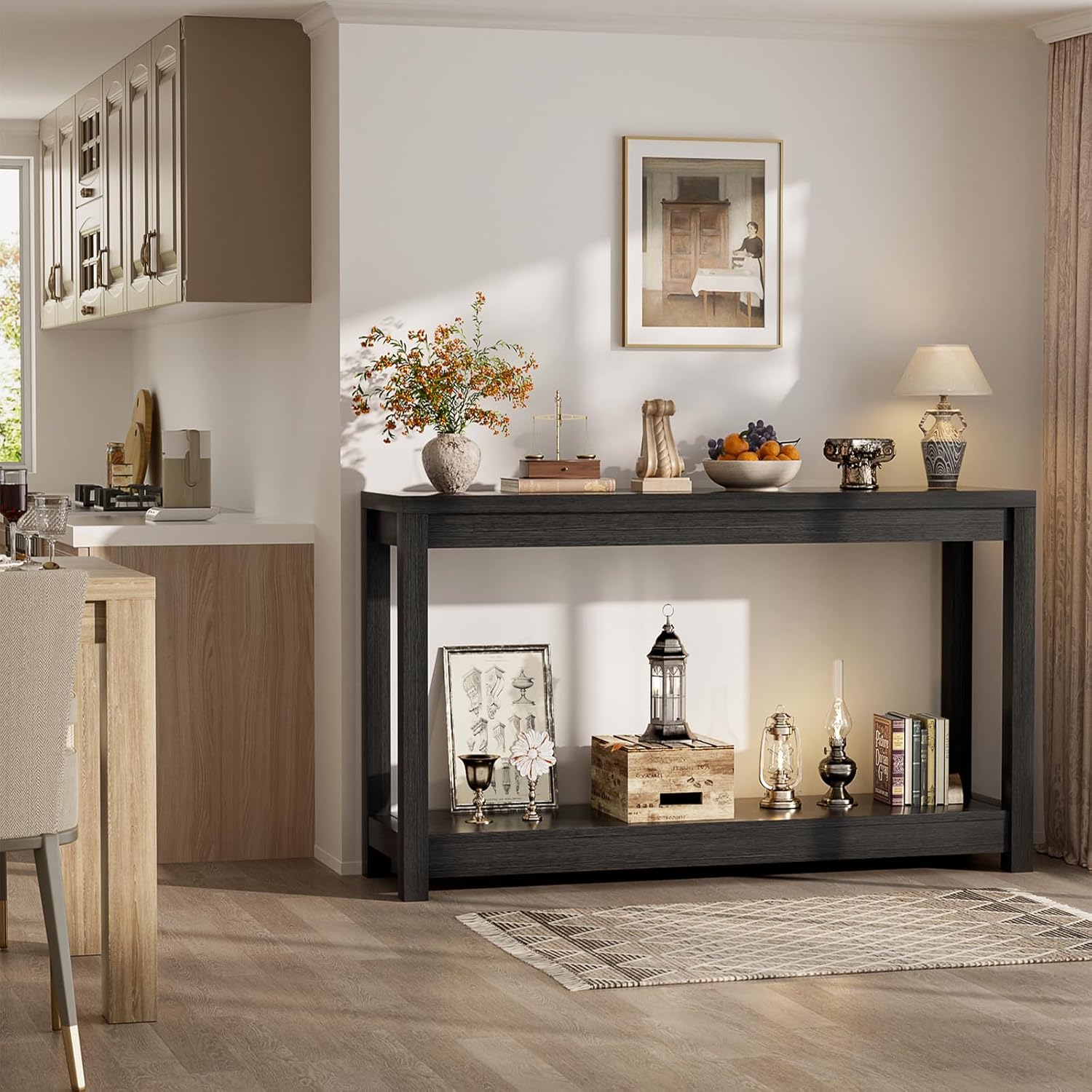 47" Farmhouse Wood Entryway Table Narrow Console Table with Storage Behind Couch Sofa Table with Shelves for Entry Way with Open Storage, Easy Assembly, Embossed Wood Grain Black - Image 6