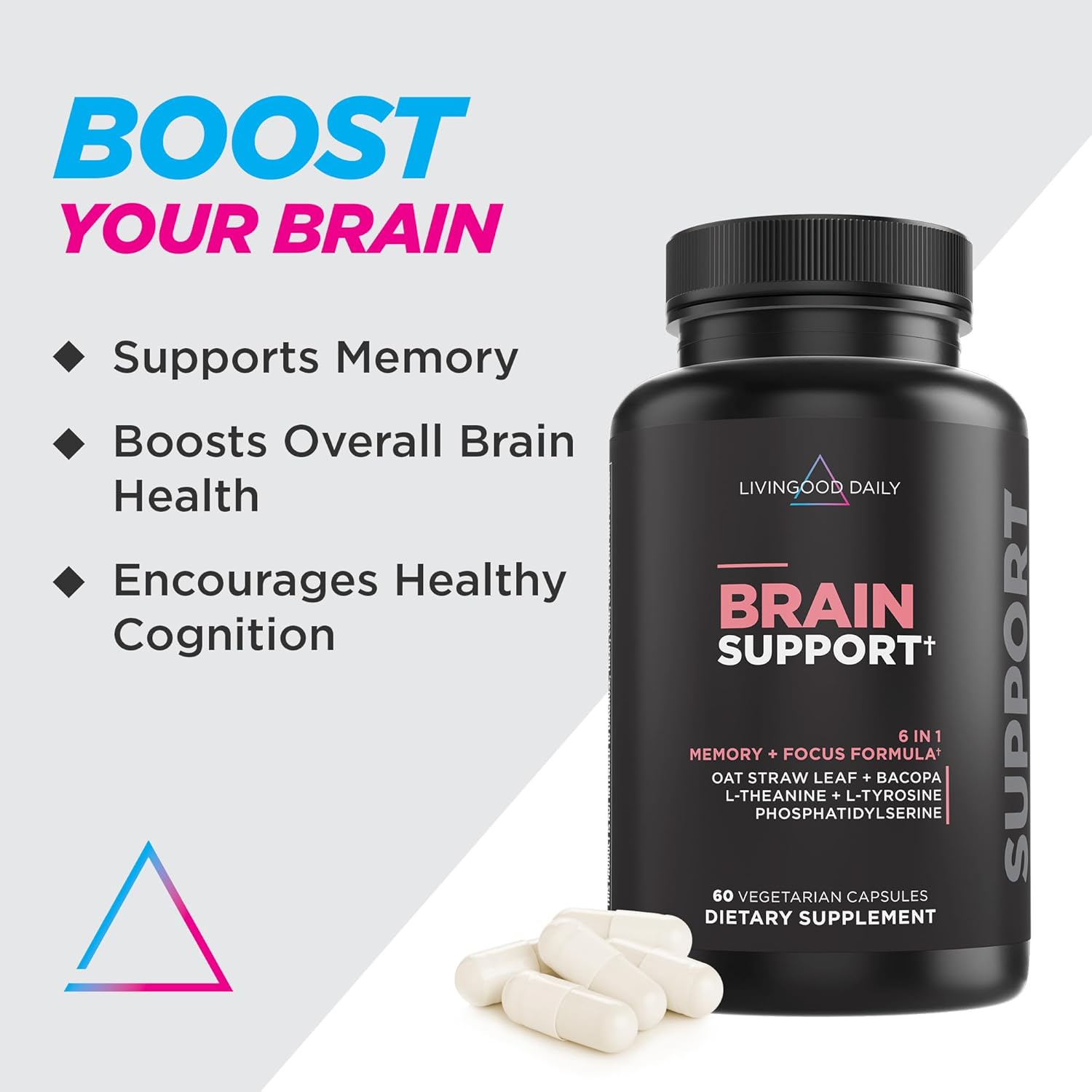 Livingood Daily Brain Supplements for Memory & Focus, Nootropic Pills with Bacopa, L Theanine, L Tyrosine, Amino Acids & More, Cognitive Support for Men & Women, Vegan, Gluten Free, 60 Capsules - Image 2