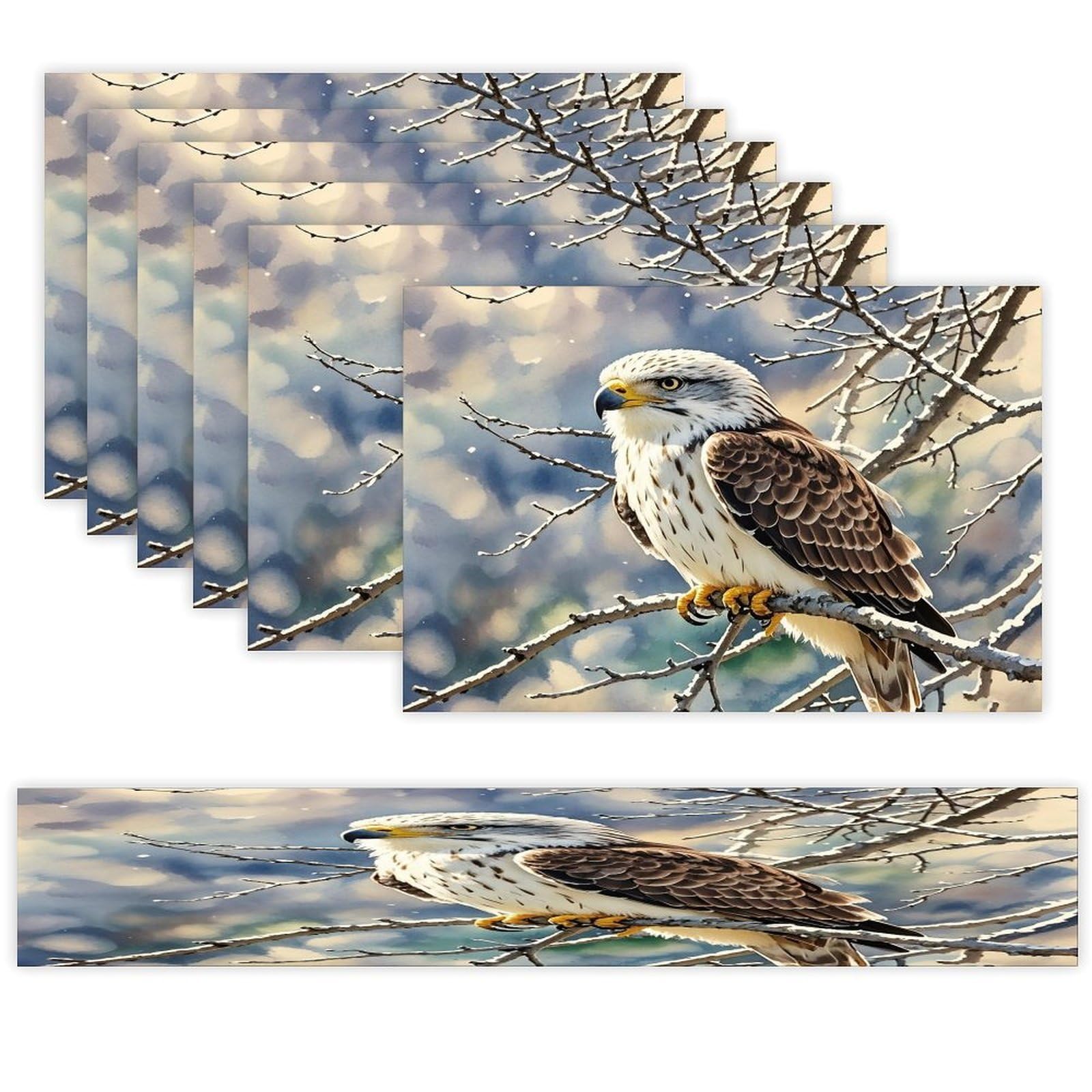 Hawk Table Runner and Placemats Set of 6 Stain Resistant Heat Resistant Place Mats for Kitchen Dining Table Mats Long Table Runner Modern Art Dining Decor for Daily Use