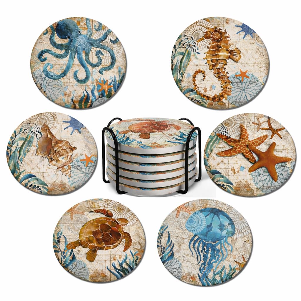 Store2508 Ceramic Coasters Set of 6 with Metal Holder, 4 Inch Absorbent Stone Coasters with Non Slip Cork Base, Heat Resistant Drink Coasters for Table Protection (Marine)-image-42