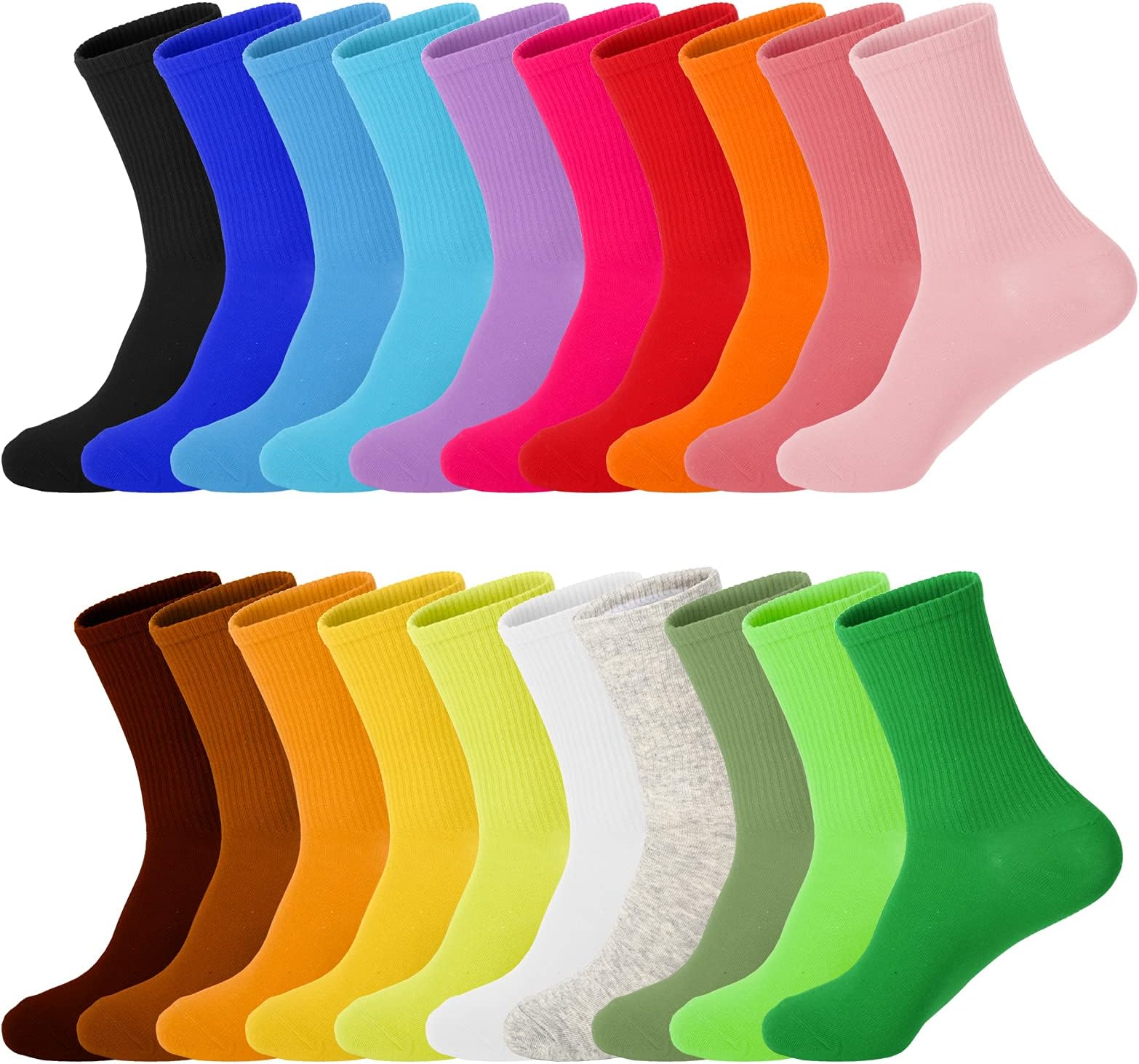20 Pairs Womens Socks, Solid Color Crew Socks Colorful Lightweight Cotton Athletic Socks