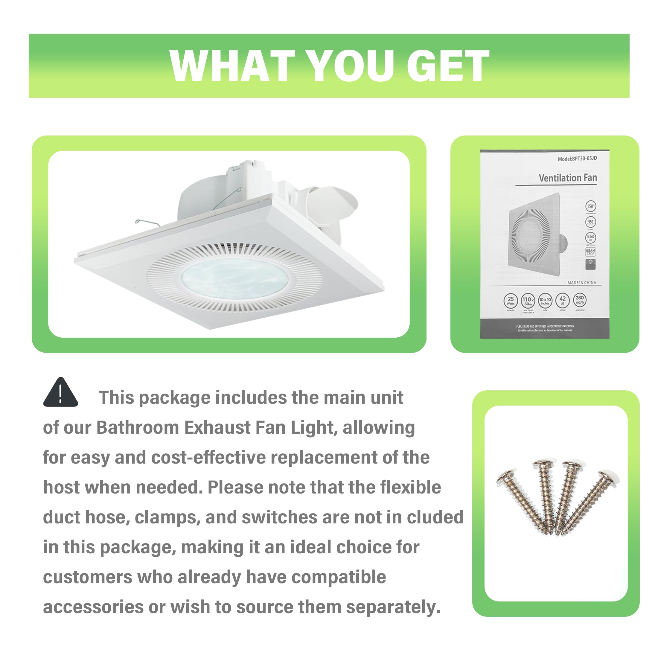 Ventola di scarico da bagno con luce, ventilatore da bagno da 30 cm con combinazione di luce LED da 15 W 3CCT, ventola di scarico da cucina da 165 CFM, ventola di ventilazione per bagno