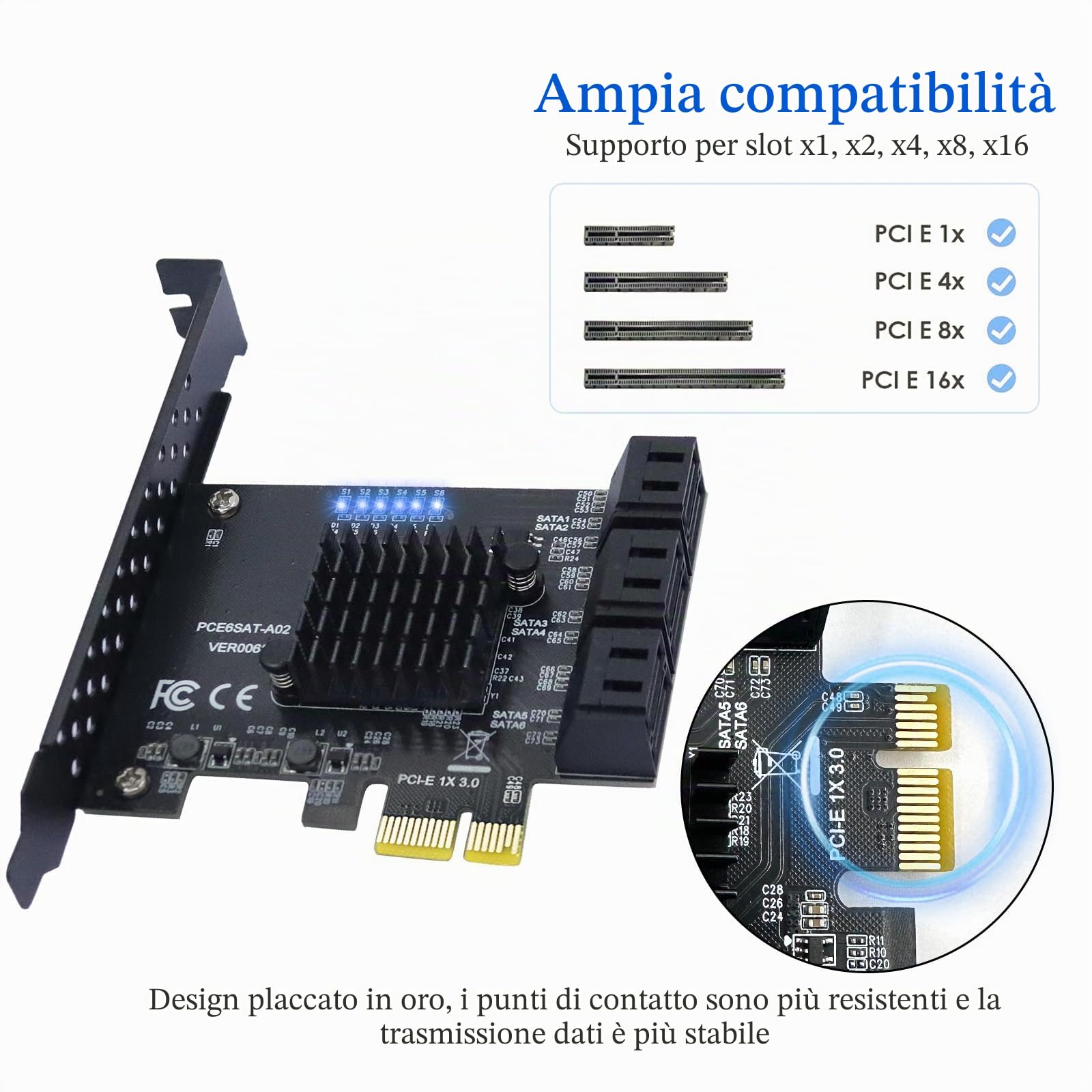 Scheda di espansione PCIe SATA 6 porte x1 6Gbps con controllore e 6 cavi | supporto SSD/HDD, compatibile Windows XP/7/8/10 e Linux